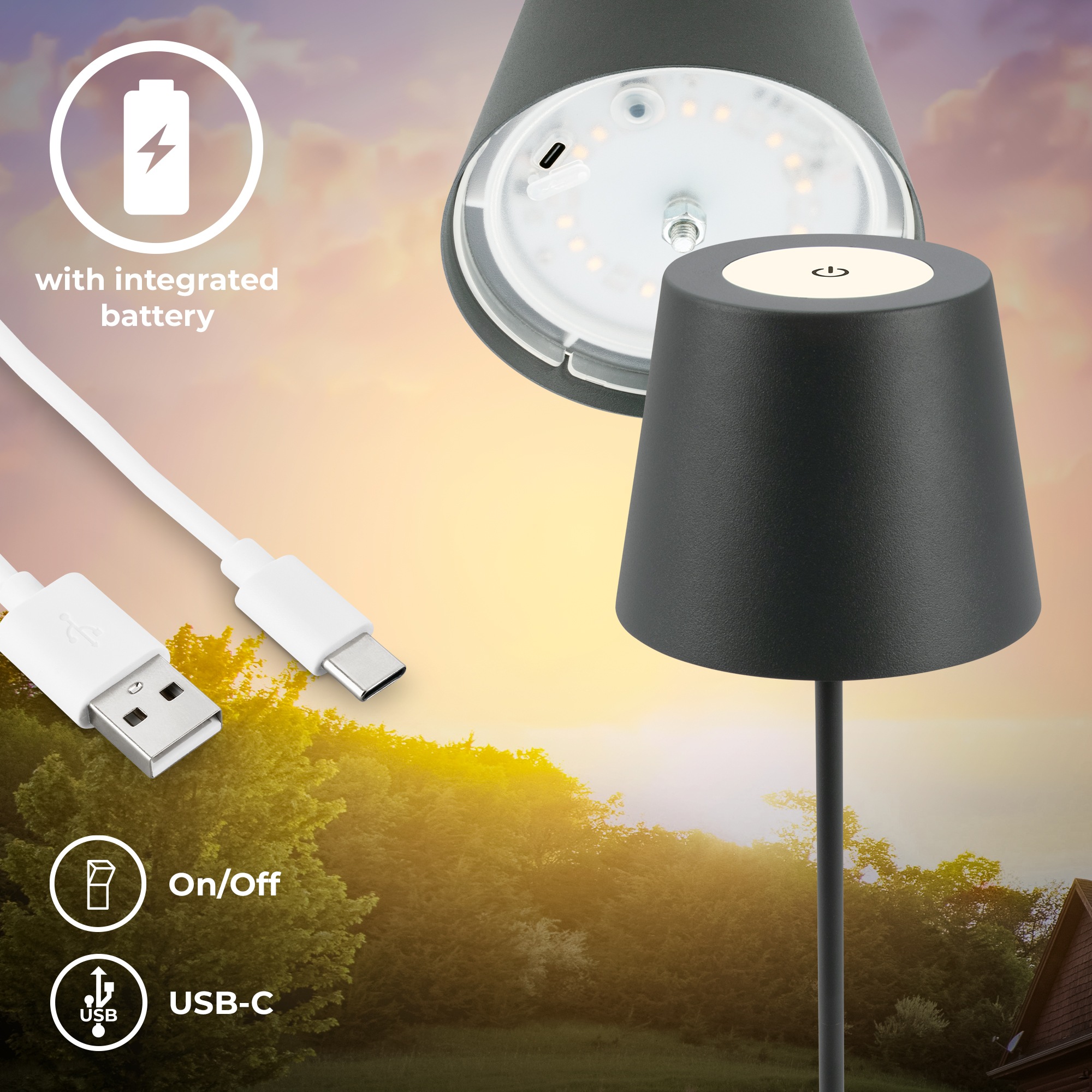 B.K.Licht Außen-Tischleuchte »BK_TL1593 Akku LED Tischlampe, 3-Stufen Touchdimmer, mit USB«, 1 flammig, Leuchtmittel LED-Modul | LED fest integriert, 2.700 K, 200 Lm, 2,5W, IP44, 12h Leuchtdauer, 36 x 10,5 cm, Anthrazit