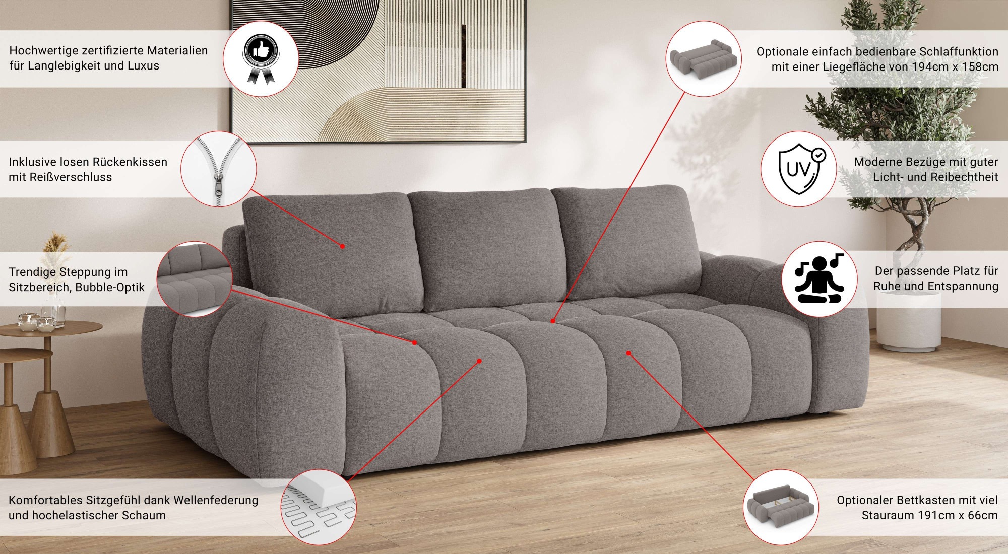 Thumbnail - OTTO home 3-Sitzer "AZITA optionale Schlafsofa mit Bettkasten, Breite 253cm" Sofa mit Wellenunterfederung, Bubble-Optik,...