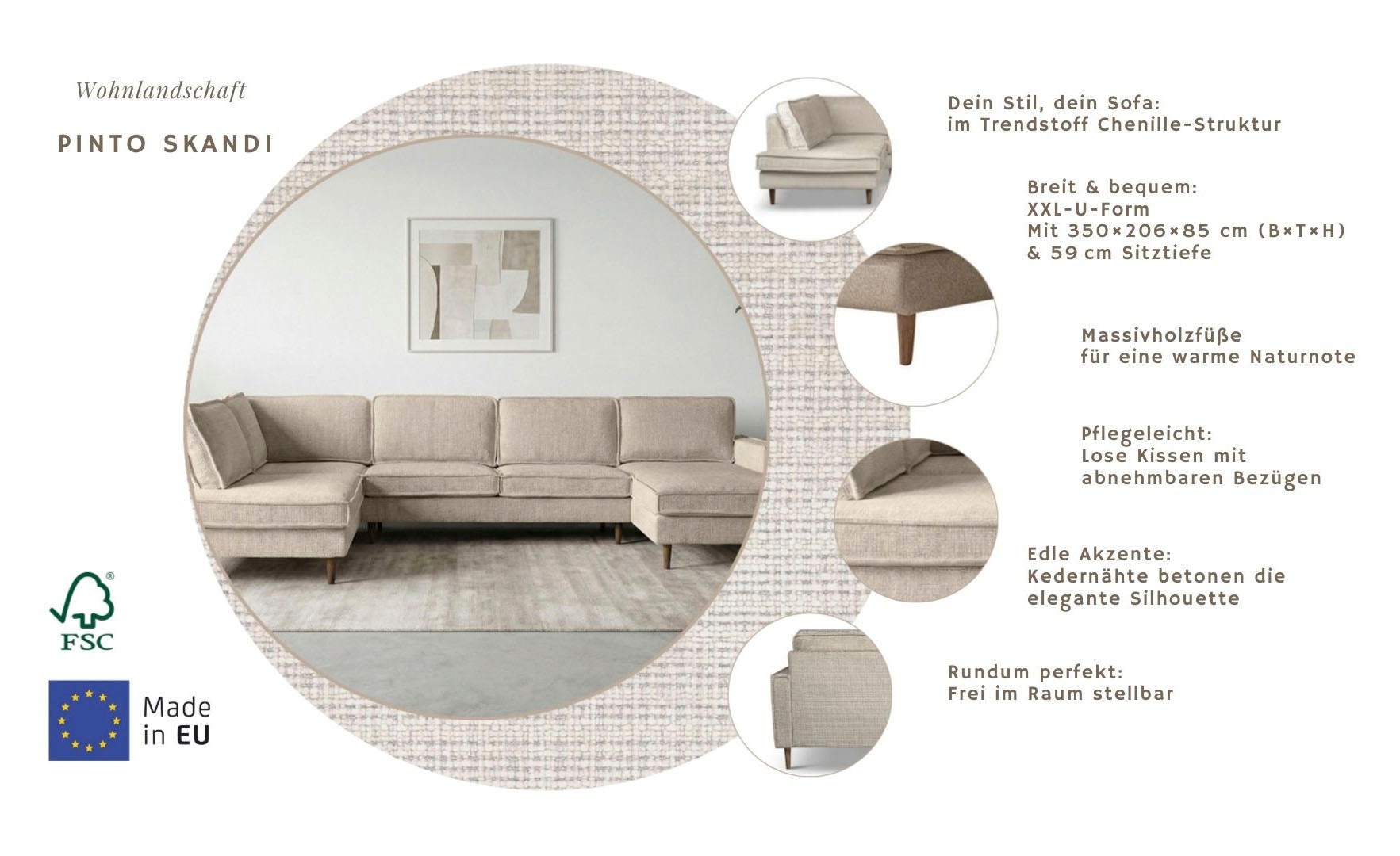 Thumbnail - Home affaire Wohnlandschaft "Pinto Skandi, 350 cm, U-Form, XXL, mit Ottomanen" mit Keder, Massivholzfüße Eiche geräucher...