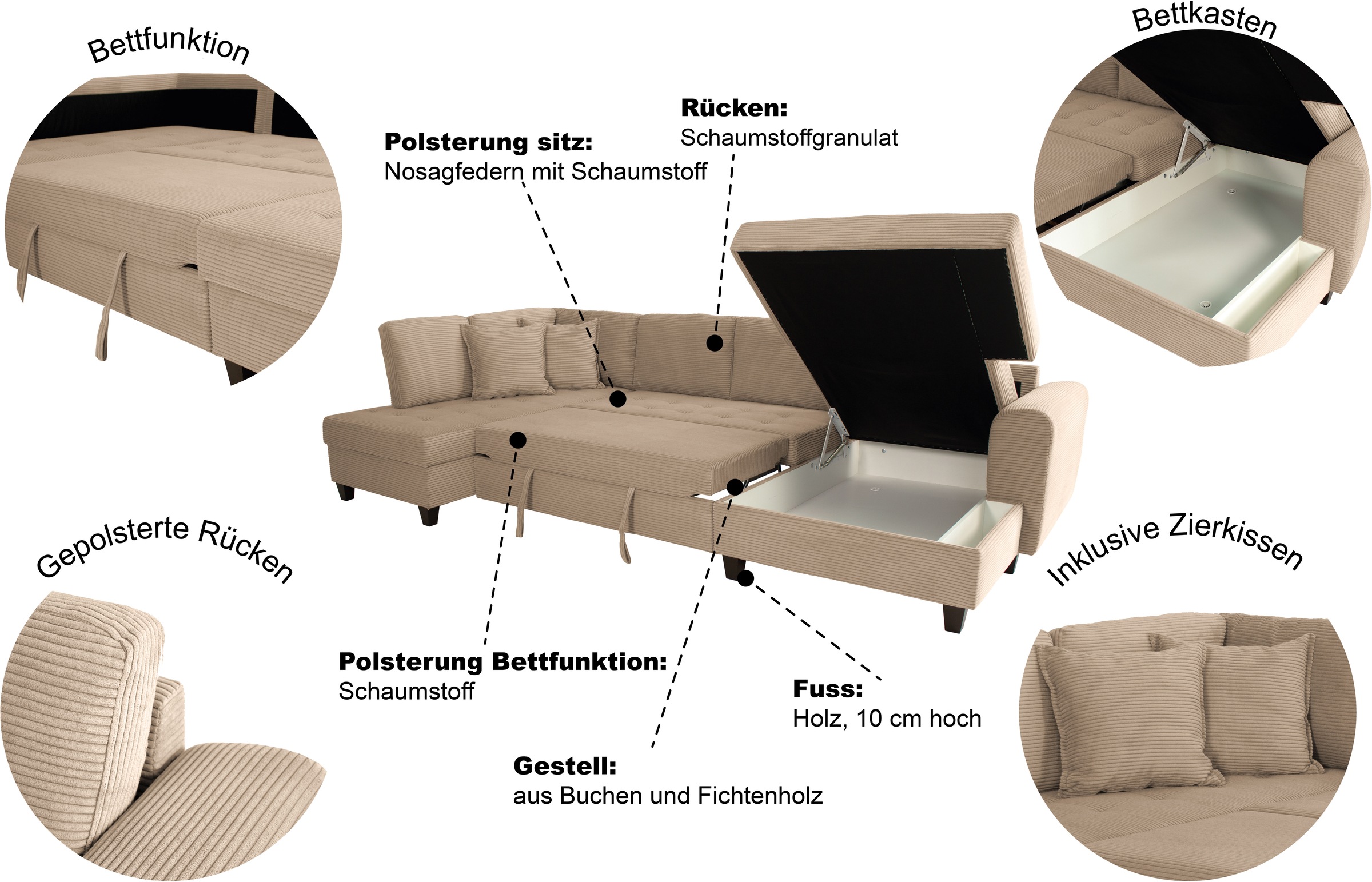 Thumbnail - Trends by HG Wohnlandschaft "Moritz U-Form, B: 324 cm" mit Bettfunktion, Bettkasten & Zierkissen