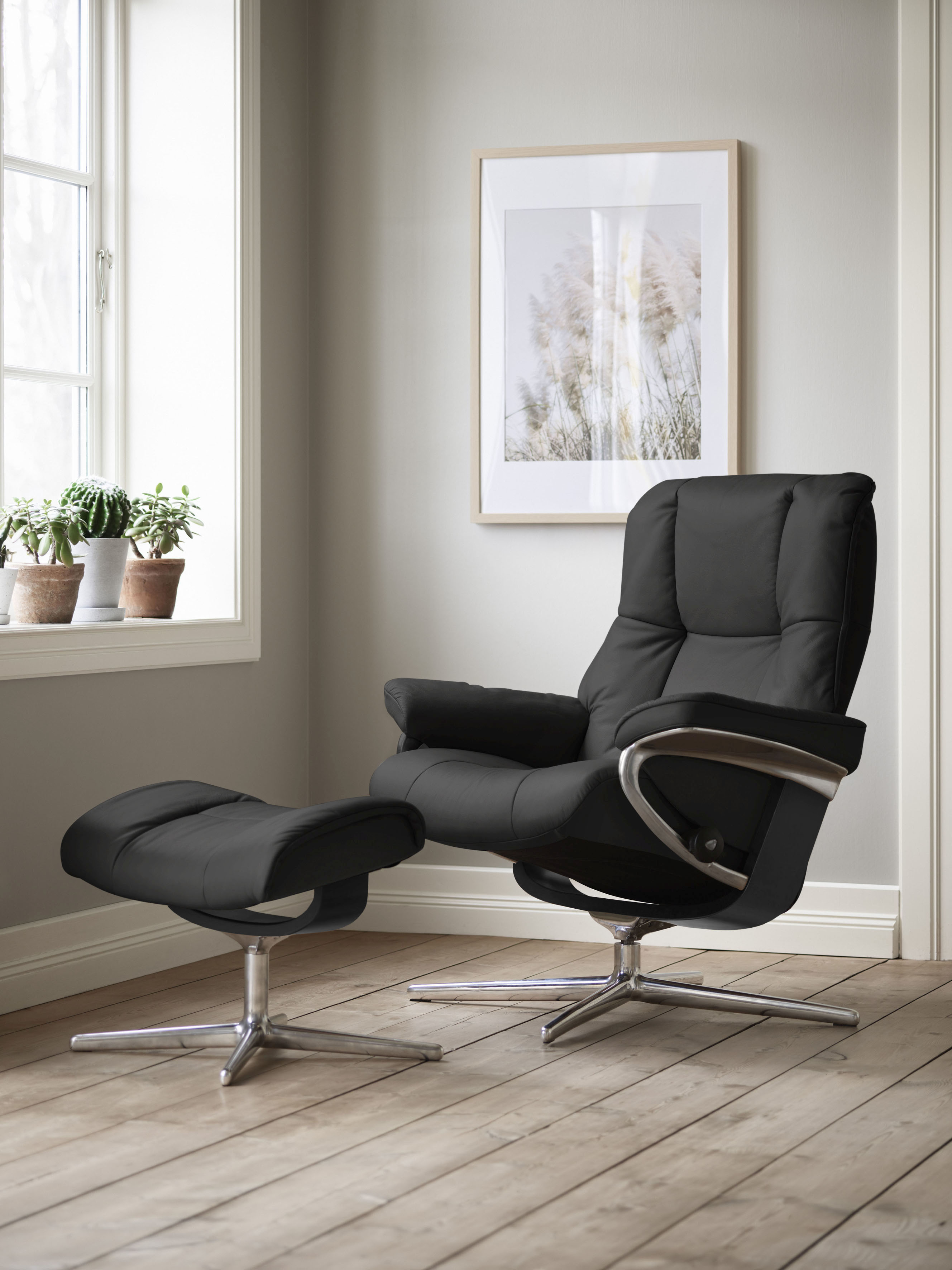 Stressless Relaxsessel "Mayfair" Set, Relaxsessel mit Hocker, mit Hocker, mit Cross Base, Größe S, M & L, Holzakzent Schwarz
