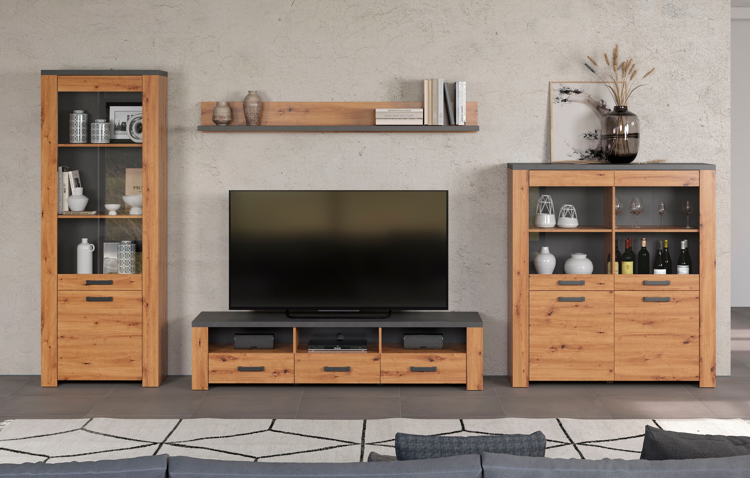 Home affaire TV-Wand »Ambres«, (4 St.), Modernes TV SET, Echtholzoptik, Breite ca. 409 cm, matt