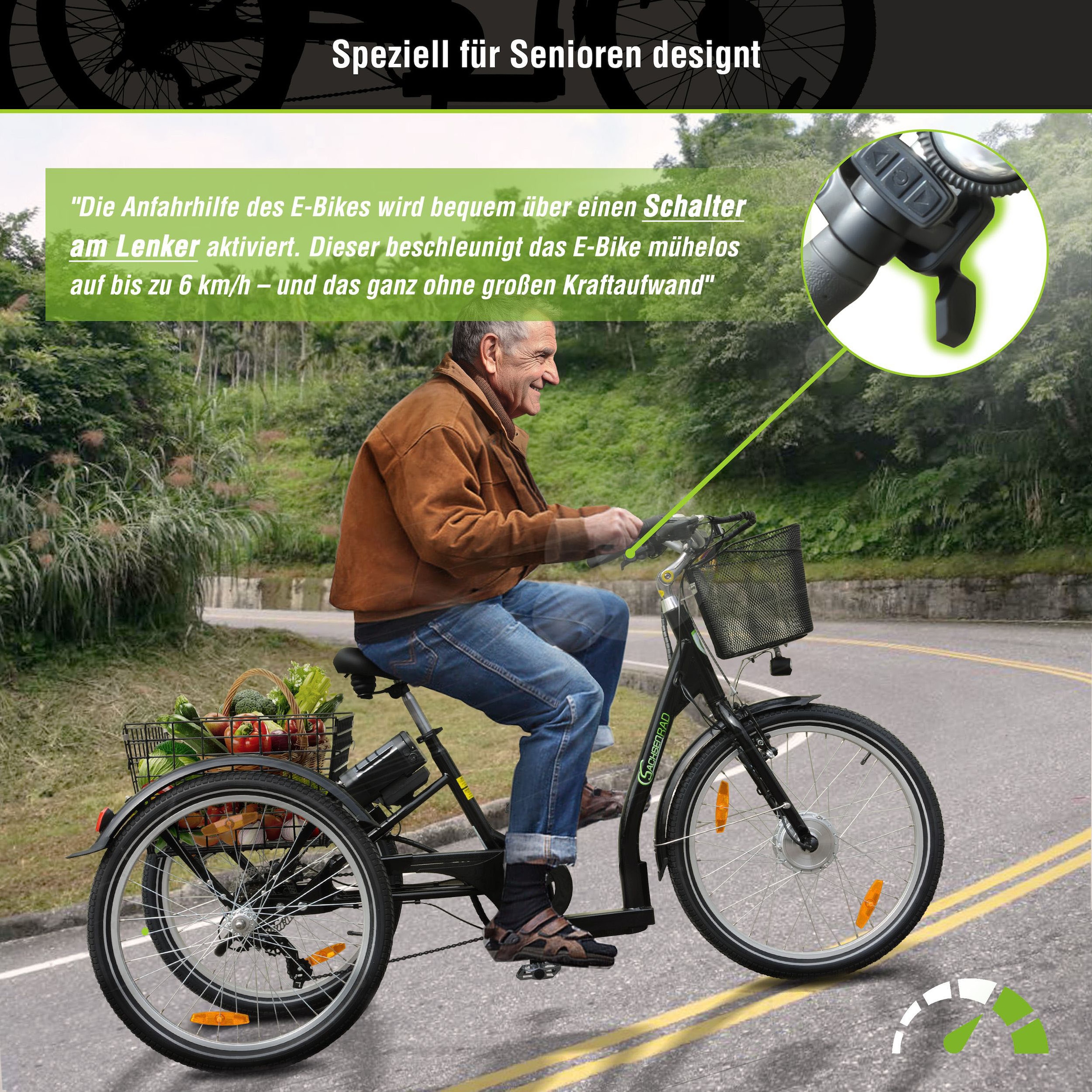 SachsenRad E-Bike »T3A«, 7 Gang, Shimano, Shimano 7-Gang-Kettenschaltung, Frontmotor 250 W, (LED-Frontlicht, Alarmrücklicht mit Bremslicht, Ledersattel, 3-Räder), Lastenkorb, Lenkerkorb, LCD-Steuer-
display, Fahrmodus Pedelec