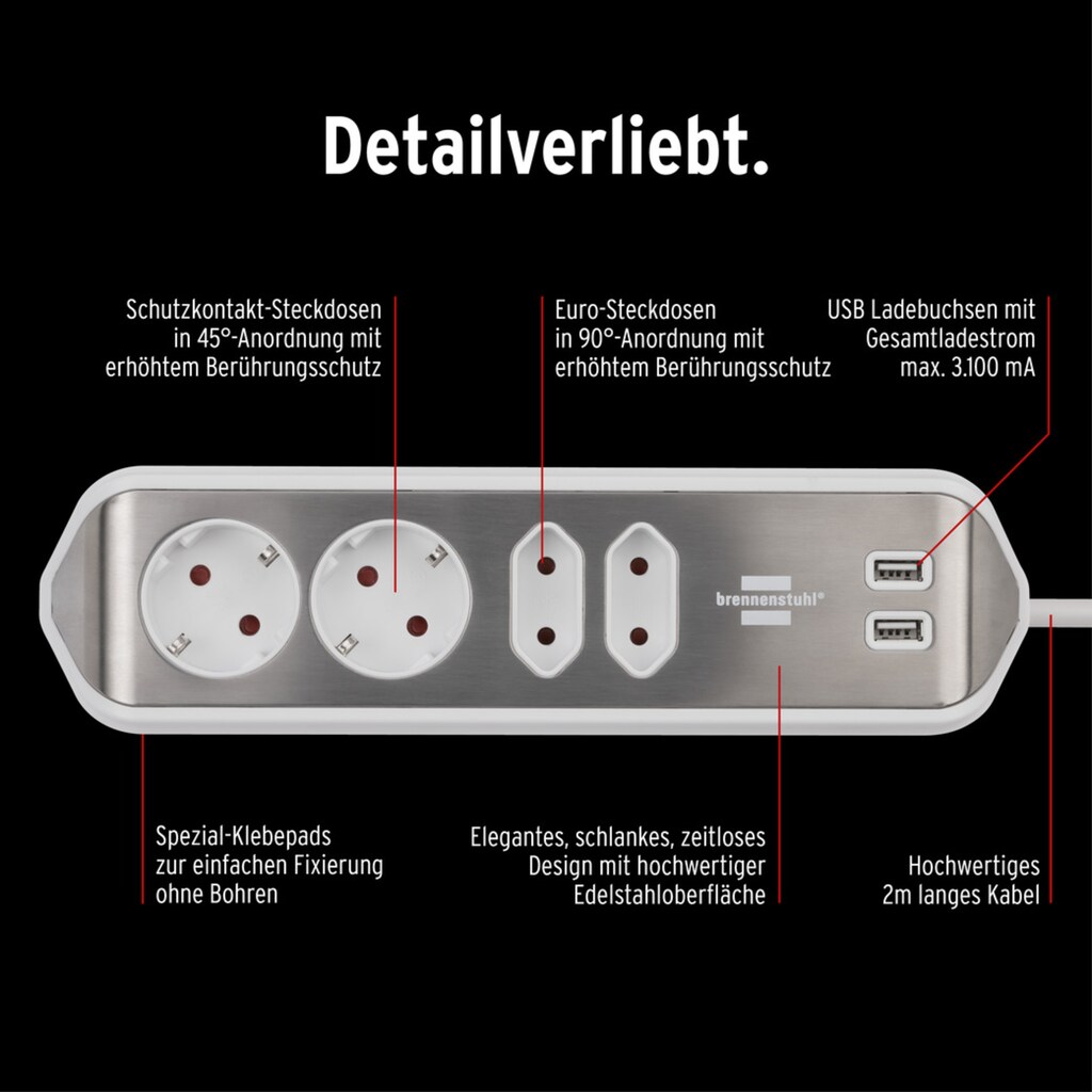 Brennenstuhl Steckdosenleiste »estilo«, 4-fach, 2x Schutzkontakt-Steckdosen, 2x Euro-Steckdosen, USB-Ladefunktion