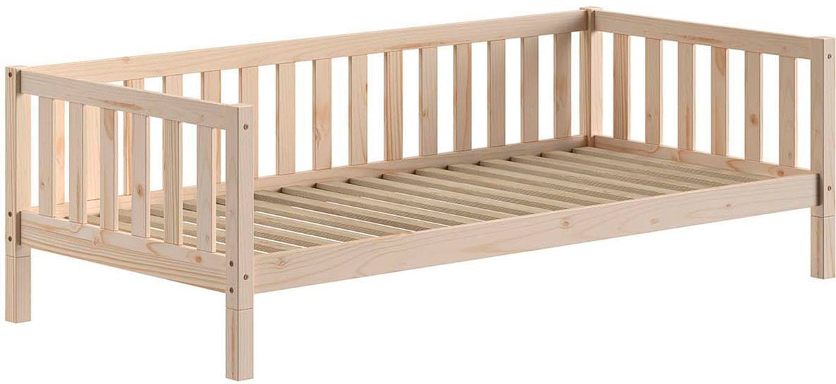 Vipack Kinderbett "Dallas, massiv Bett, Rausfallschutz, umbaubar vom Boden- zum Daybett" inkl. Rolllattenrost und Sprossenumrandung, 90 oder 140x200 cm breit, stabil und standfest gebaut, wahlweise Kiefer massiv natur oder weiß