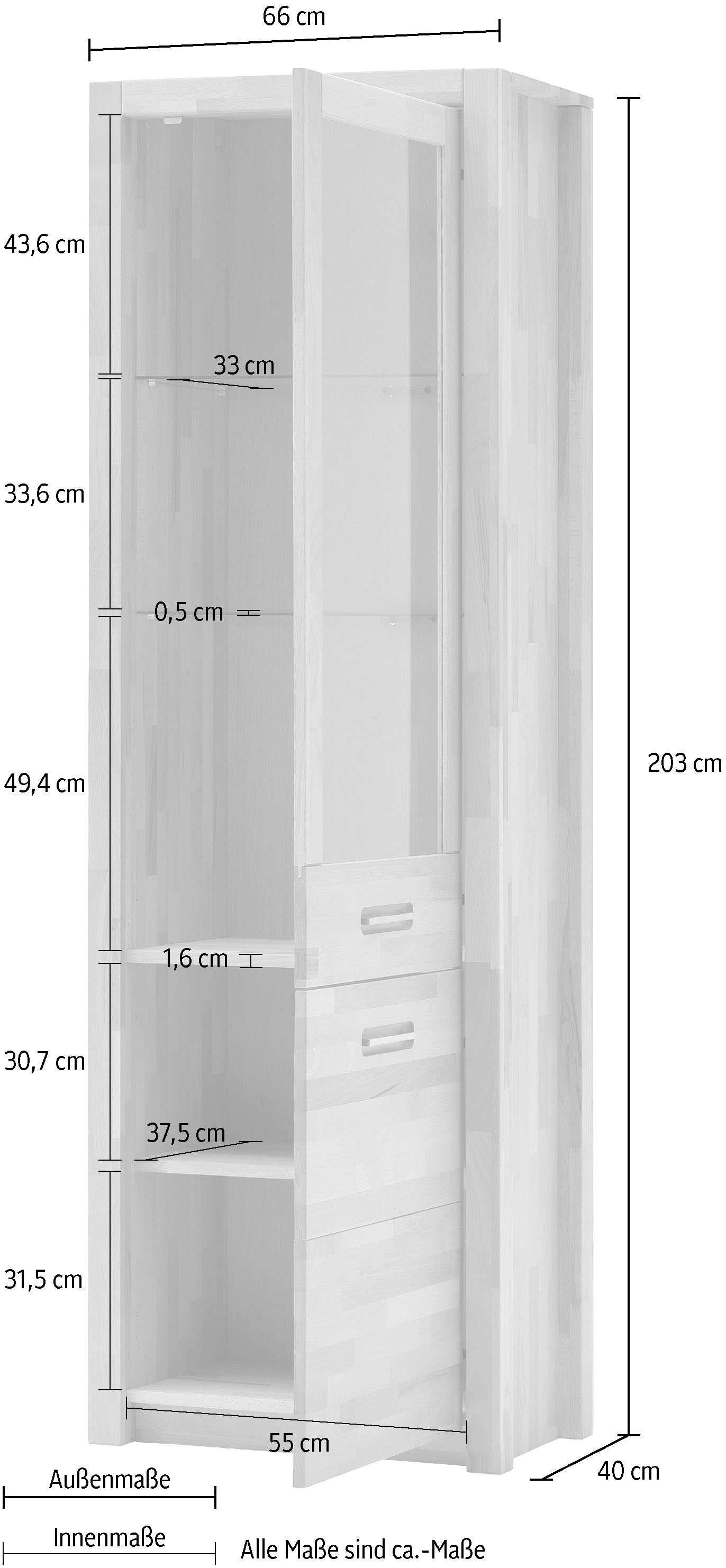 MCA living Vitrine »Fenja Standvitrine, Glasvitrine, Stauraumvitrine, Hochschrank«, (1 St.), Massivholz,Kernbuche,Metallgriffe,1 Holztür,1 Glastür, Breite 66 cm
