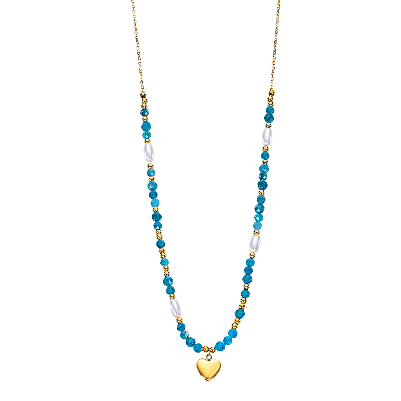 "Herzkette LOTUS ""Essentials - Herz"", blau (gelbgoldfarben, blau, weiß), Halsketten, Damen, Edelstahl Perlen, L: 45 B: 1,2mm, Edelstahl, Perlen