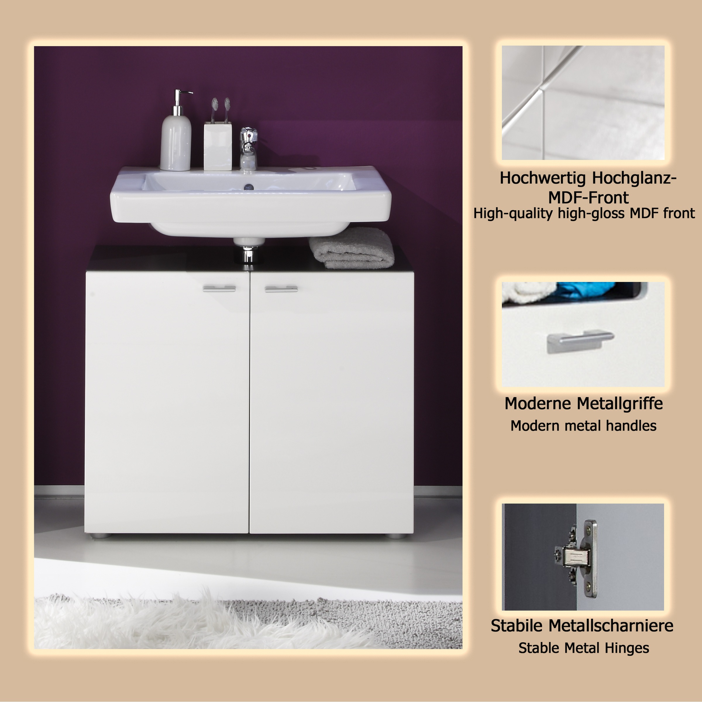 welltime Waschbeckenunterschrank »Tias« Waschbeckenunterschrank mit 2 Türen - (B/T/H) 72/35/63 cm