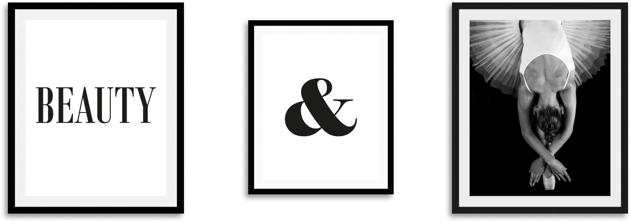 queence Bild »Beauty«, Schriftzug-Sprüche & Texte-Schwarz-Weiß-Tanz-Sport-Frau, (3 St.), HD Premium Poster-Druck inkl. Holzrahmen - 3er Set