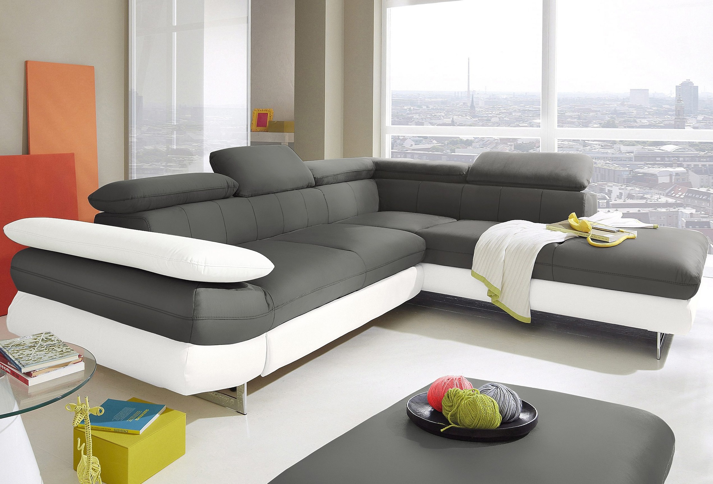 COTTA Ecksofa "Solution L-Form, Design Sofa, bequeme Wellenunterfederung, Design Fuß" mit Arm- & Kopfteilverstellung, wahlweise mit Schlaffunktion