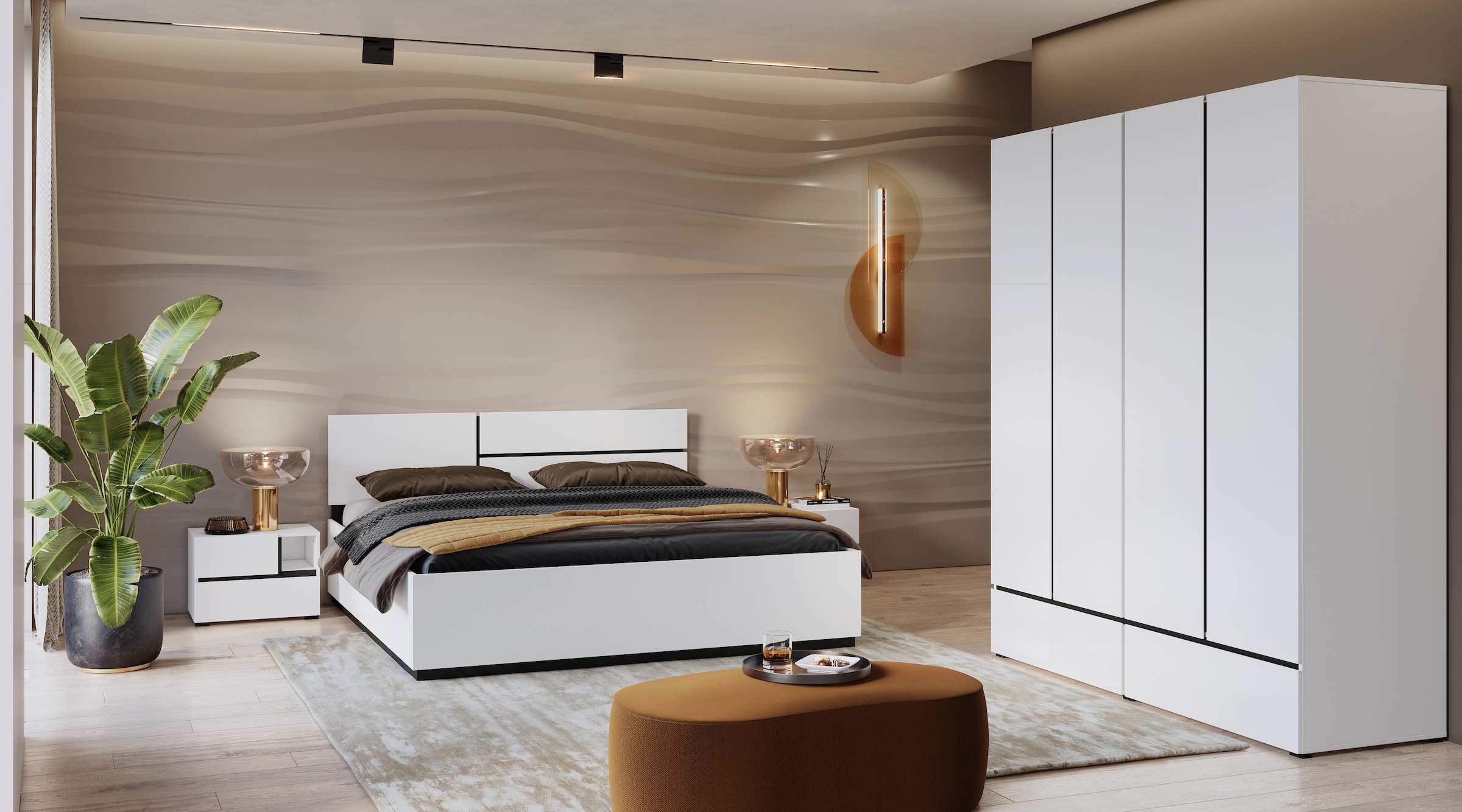 INOSIGN Schlafzimmer-Set »Cross, moderne, grifflose Optik, FSC-zertifiziert«, (4 tlg., Bett 180x200cm, 2 Nachtkommoden, Schrank 2-oder 4-türig), Komplettschlafzimmer-Set