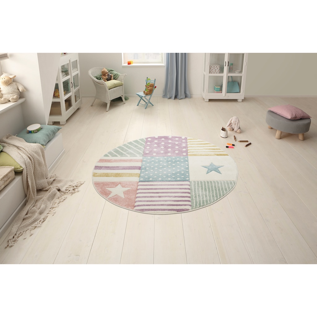 Lüttenhütt Kinderteppich »Stern«, rund, Kurzflor-Teppich, handgearbeiteter Konturenschnitt, Patchwork-Design