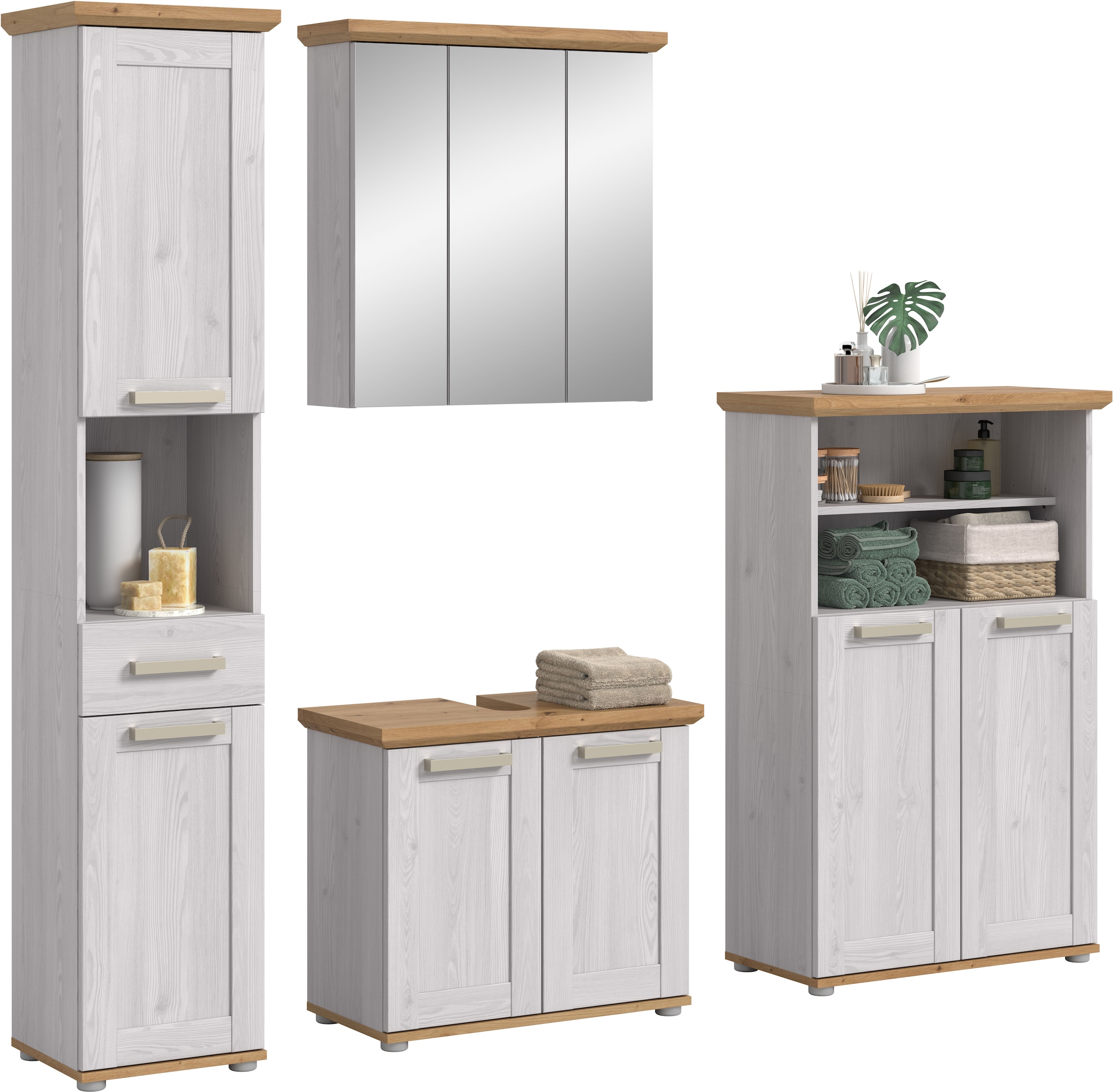 welltime Badmöbel-Set "COSENZA, 4-teilig, in Landhausoptik, mit farblich abgesetztem Kranz" best. aus: 1 Hochschrank, 1 Spiegelschrank, 1 WBU und 1 Midischrank, 4 Stk. tlg.
