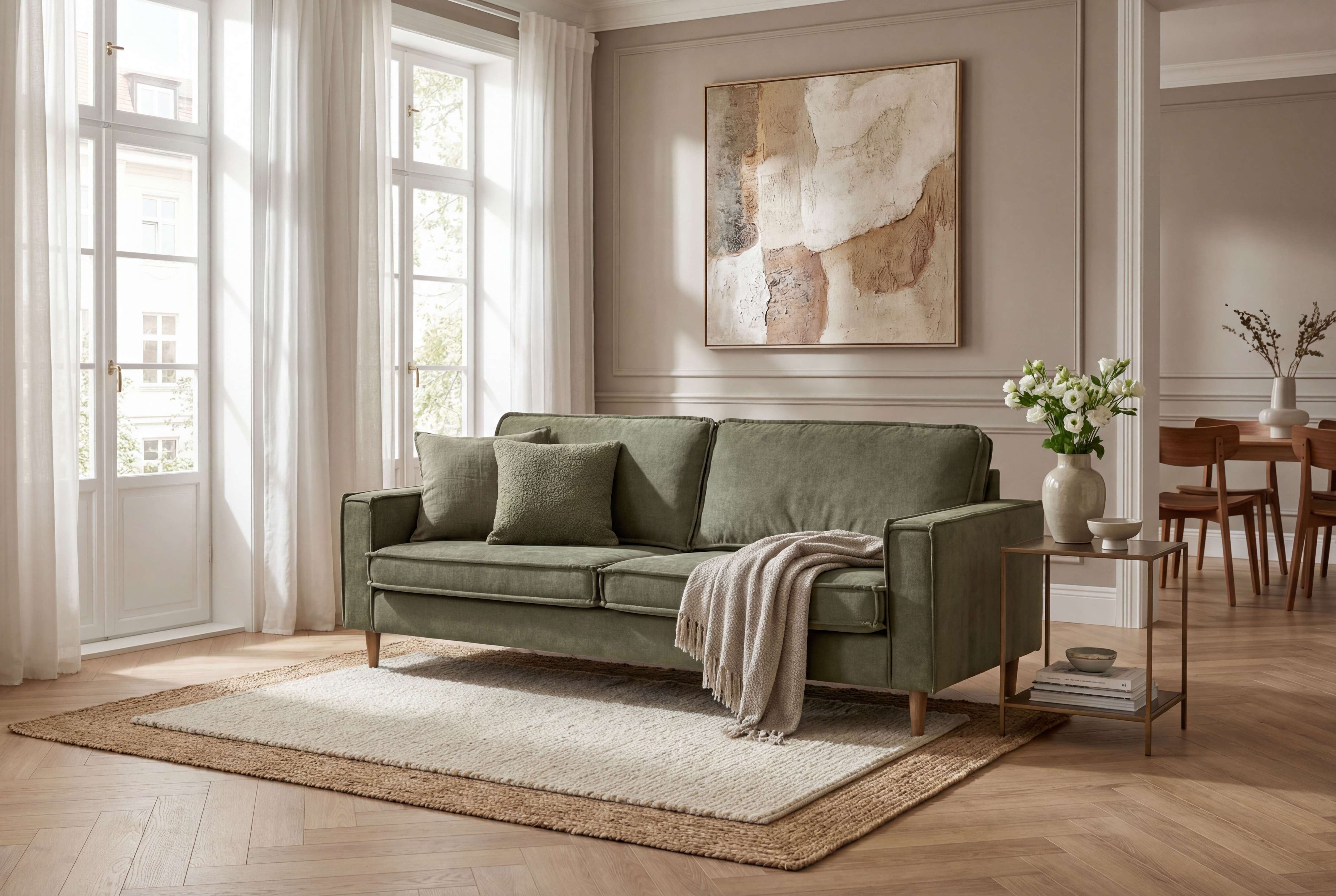 OTTO home 3-Sitzer "Pinto Skandi,Maxi-Ausführung, 236 cm, Chenille, Struktur" mit Keder, Massivholzfüße Eiche geräuchert, Wellenunterfederung