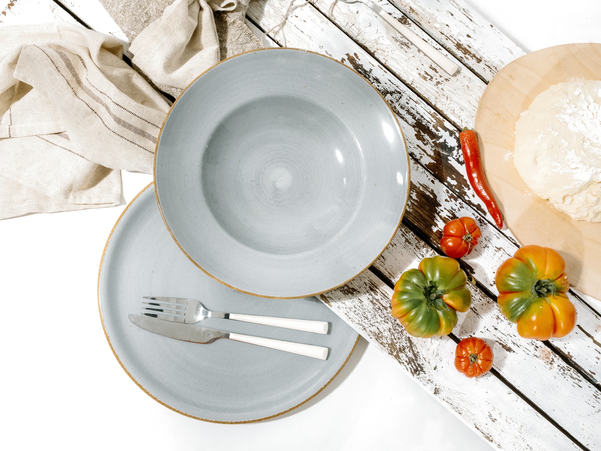 CreaTable Pizzateller »Vintage Nature, Pizzateller 33 cm 4-tlg«, (Set, 4 St.), Handgemalt, Gesprenkelt, Rustikales Außenband