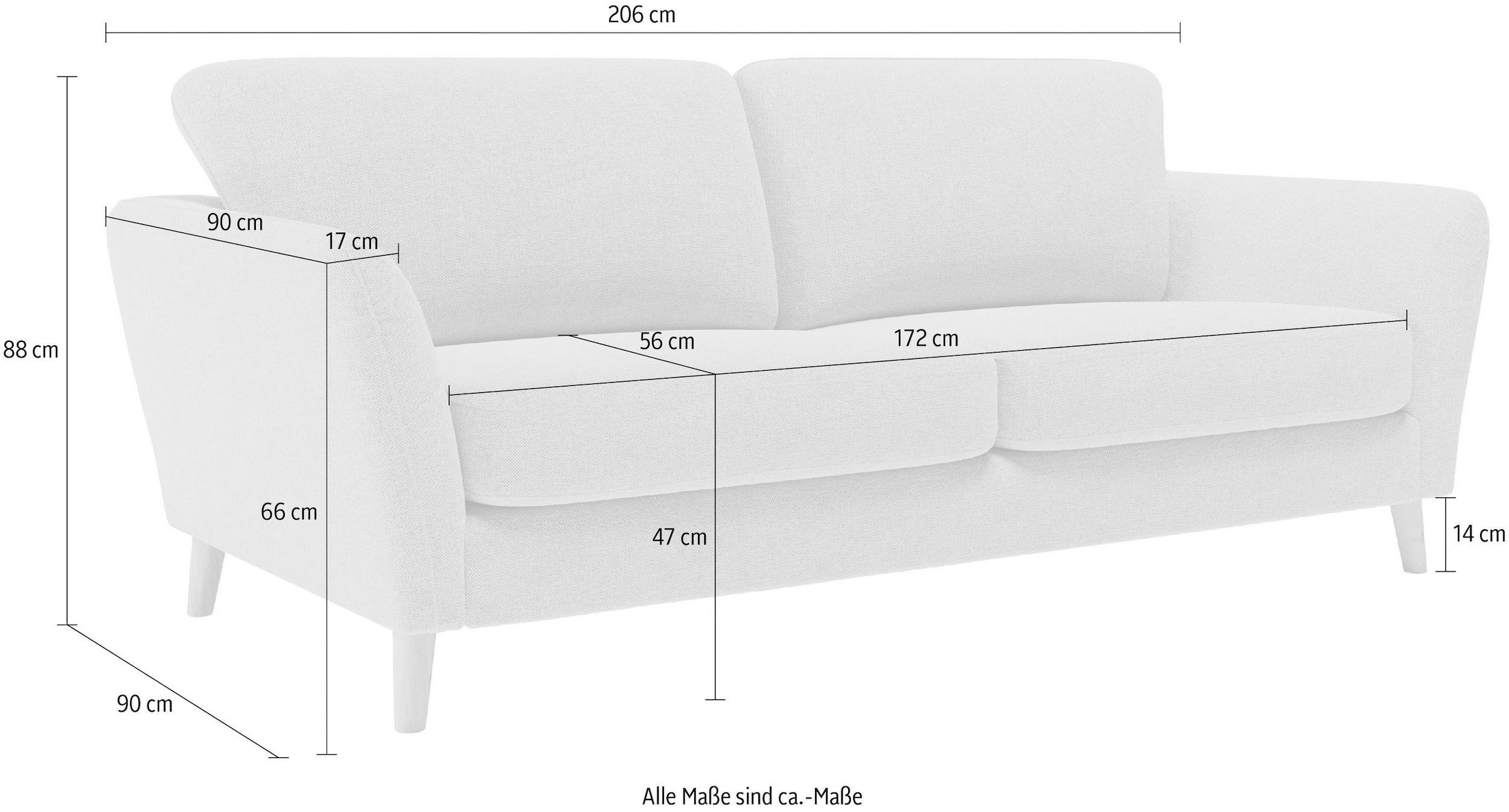 Home affaire 3-Sitzer »MARSEILLE Sofa 206 cm«, mit Massivholzbeinen aus Eiche, verschiedene Bezüge und Farbvarianten