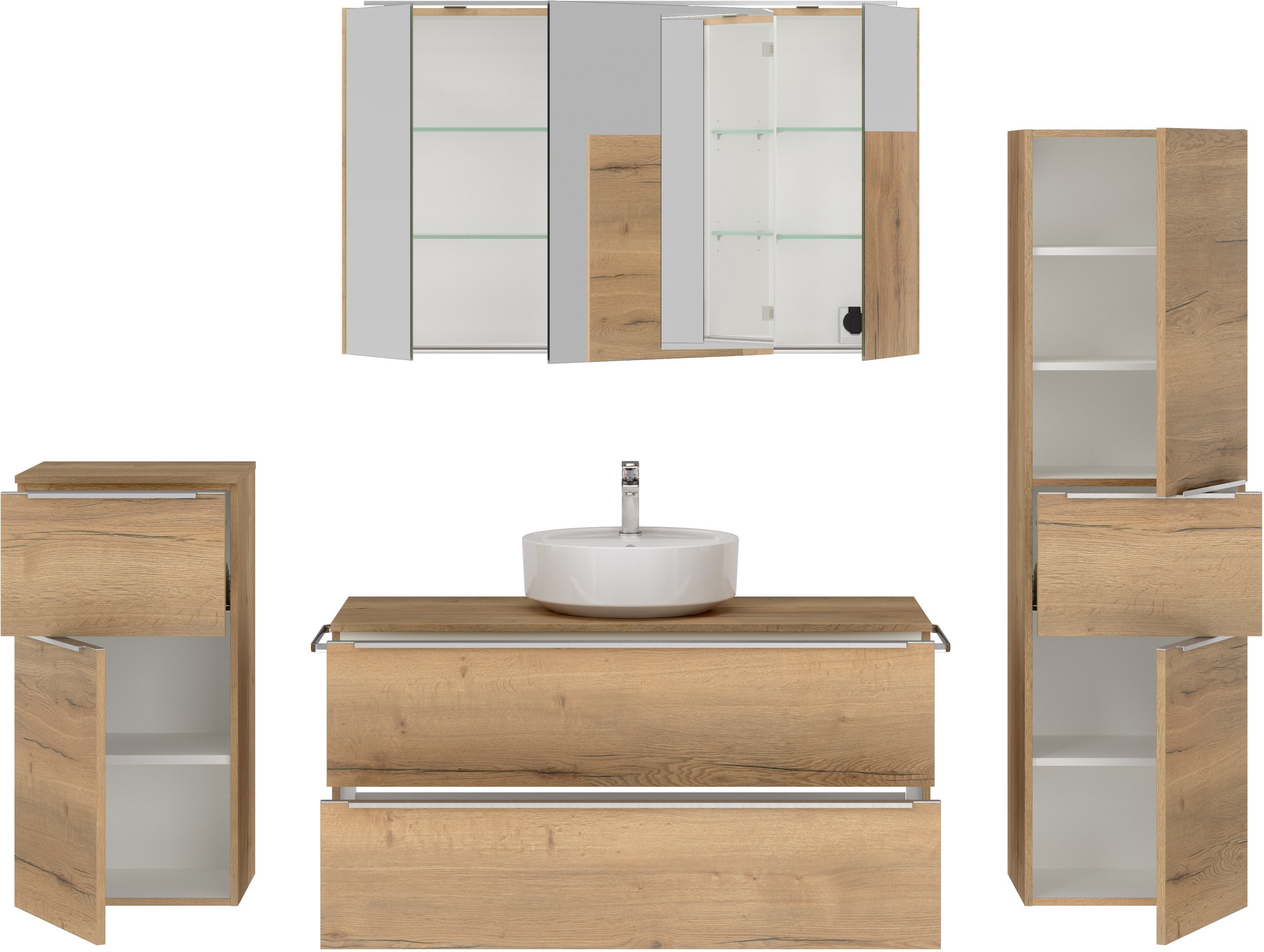 nobilia® Badmöbel-Set »Alvene«, (4 St., vormontiert, mit Soft-Close), inkl. Spiegelschrank mit Beleuchtung und Dimmerfunktion, in 4 Breiten