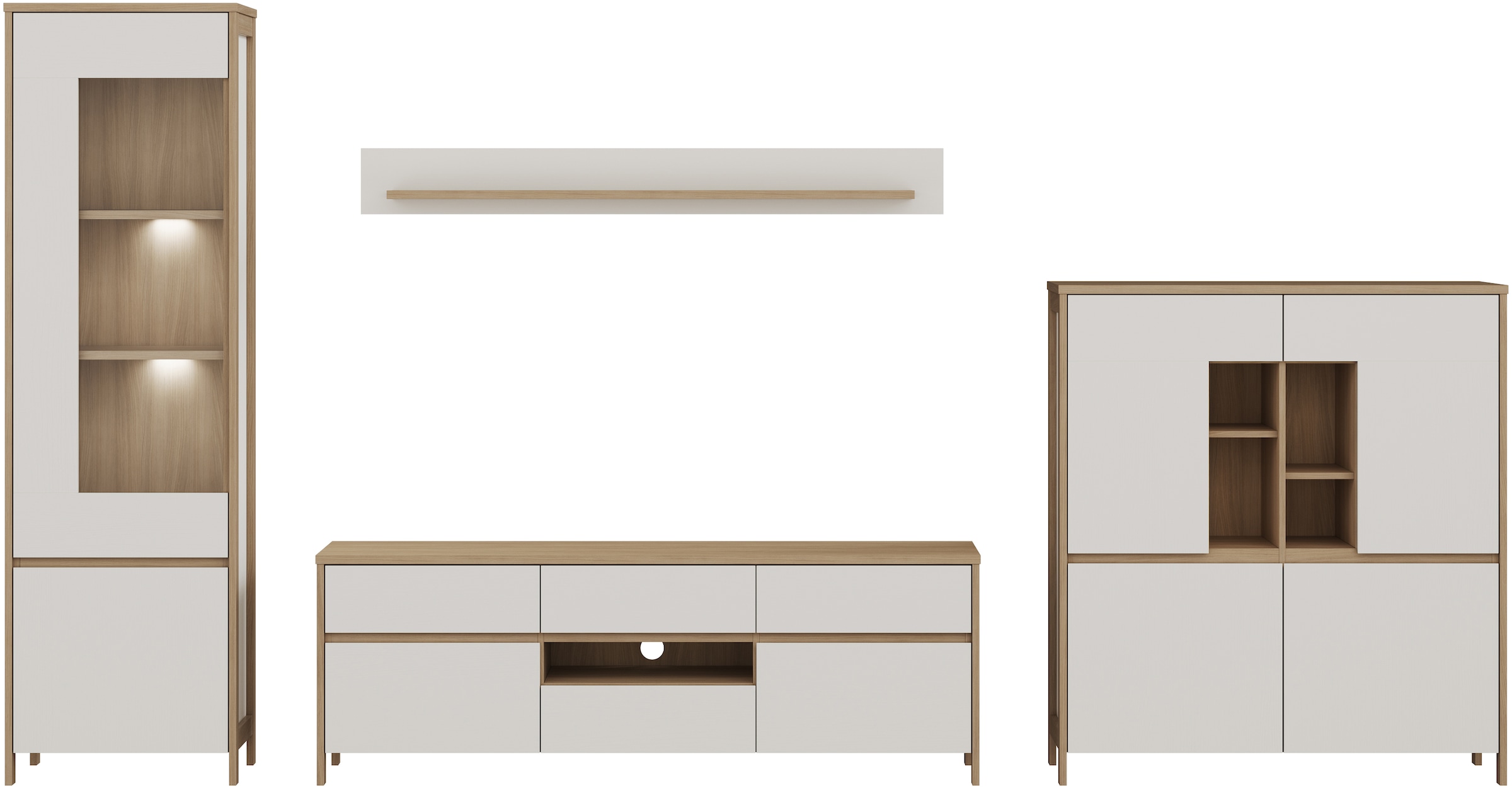 Home affaire Wohnwand »Stranda, moderne Anbauwand, Komplettset im Scandi-Style«, (4 St.), enthält Vitrine, Lowboard, Highboard und Wandboard, 364 cm breit