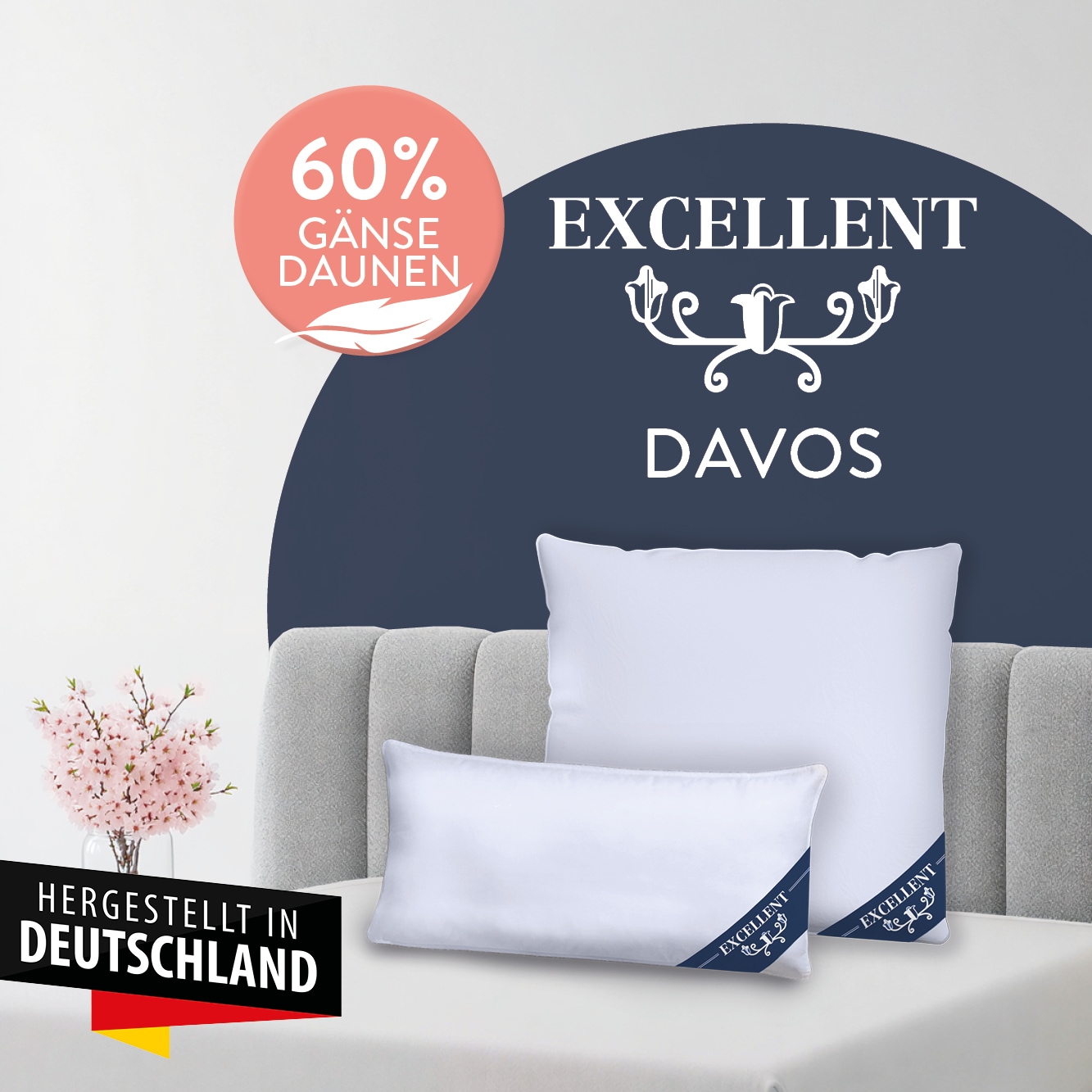 Excellent 3-Kammer-Kopfkissen "Davos Dreikammerkissen in den Größen 40x80 und 80x80 cm erhältlich." Füllung: 60%Gänsedaunen, 40% Gänsefedern (Außenkammer) 1 Stk. tlg. hergestellt in Deutschland, allergikerfreundlich