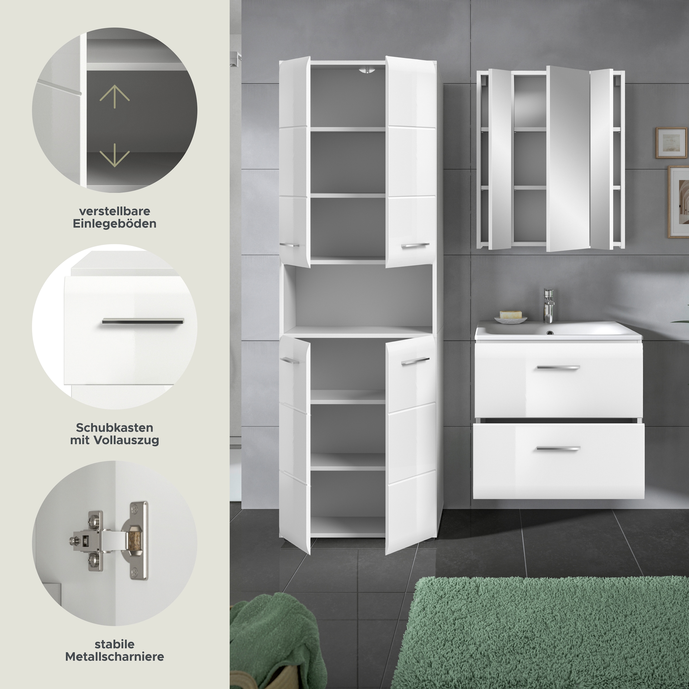 INOSIGN Badezimmer-Set, (Set, 4 St.), Florenz, Badkombination 4-tlg.,Weiß hochglanz, inkl. Waschbecken