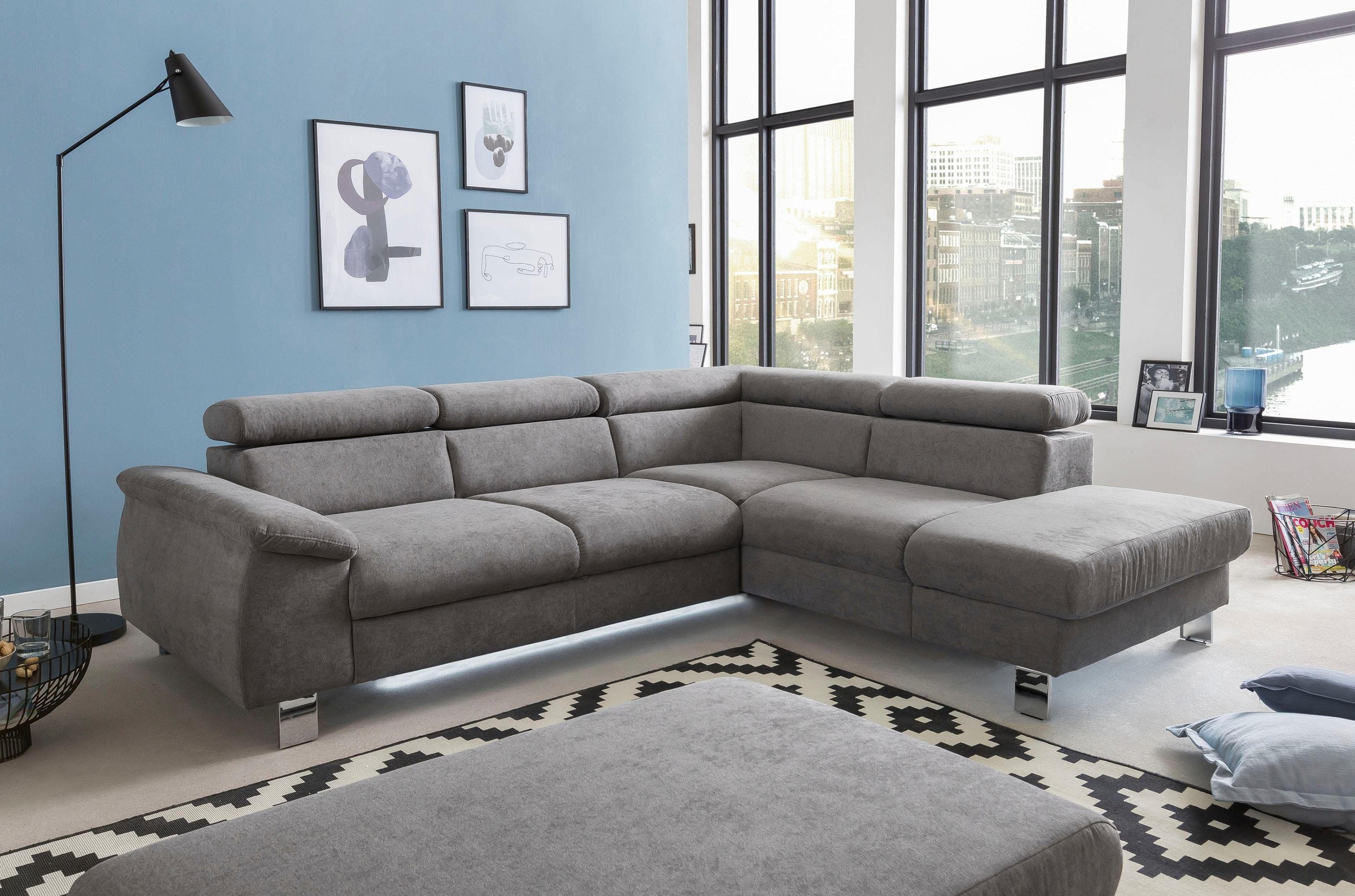 COTTA Ecksofa »Komaris L-Form mit Kopfteilverstellung«, wahlweise mit Bettfunktion, Bettkasten & Beleuchtung