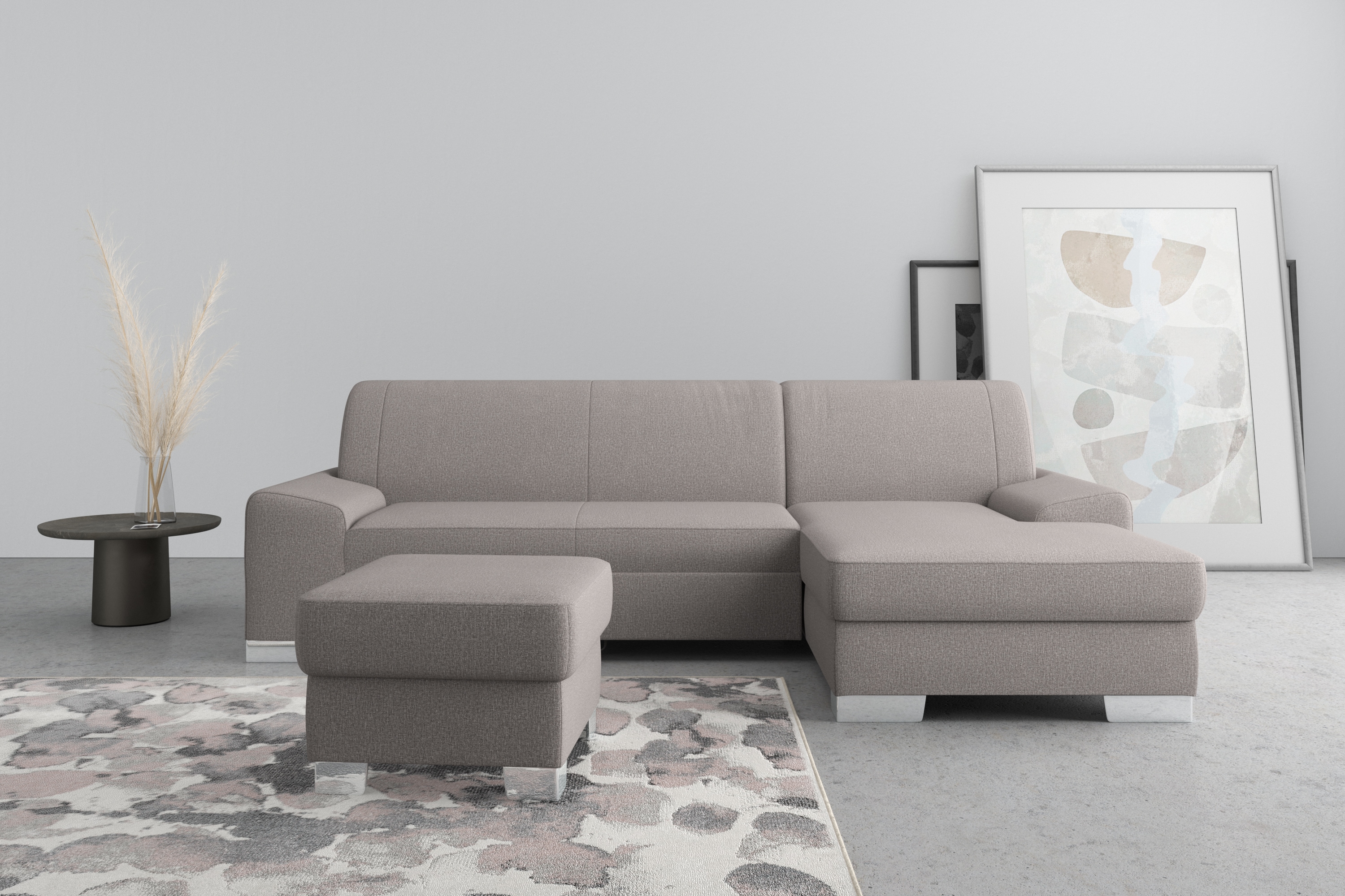 DOMO collection Ecksofa "Anzio L-Form, whlw. Bettfunktion, Federkern, hochwertig, Breite 271 cm" Ohne Bettfunktion, Recamiere rechts, Feinstruktur, schlamm