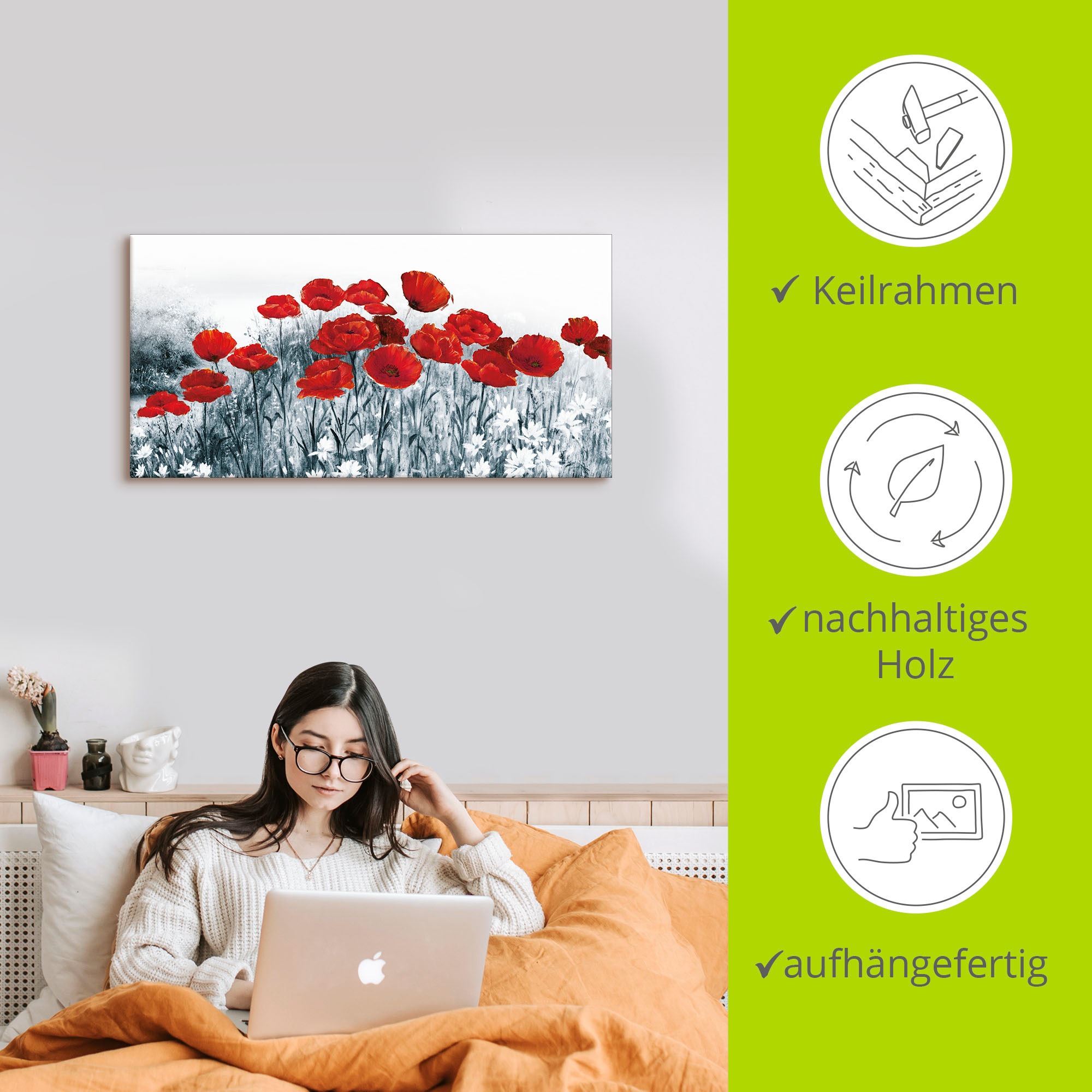 Artland Wandbild »Roter Mohn im Feld«, Blumen, (1 St.), als Leinwandbild in verschied. Größen