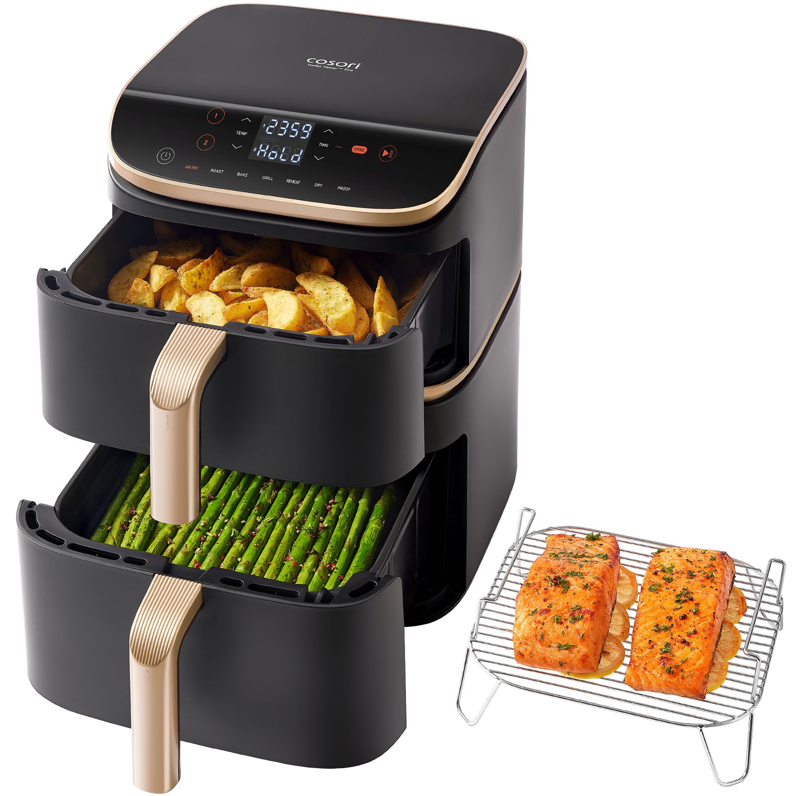 Cosori Turbo Tower Pro Smart Doppel 10,8 l Eigenständig 2630 W Heißluftfritteuse Schwarz, Gold