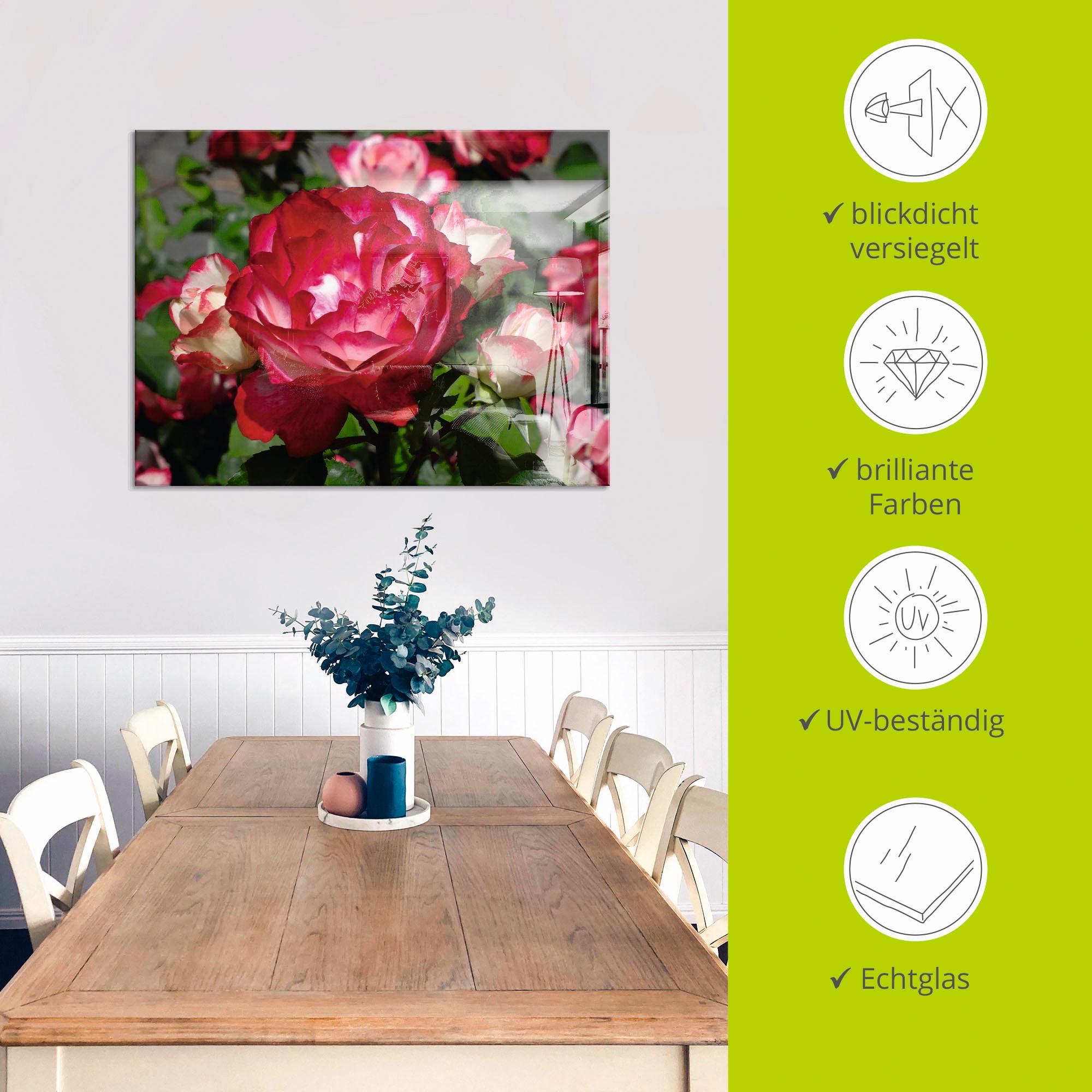 Artland Glasbild »Rot weiße Rosenblüte«, Blumen, (1 St.), in verschiedenen Größen