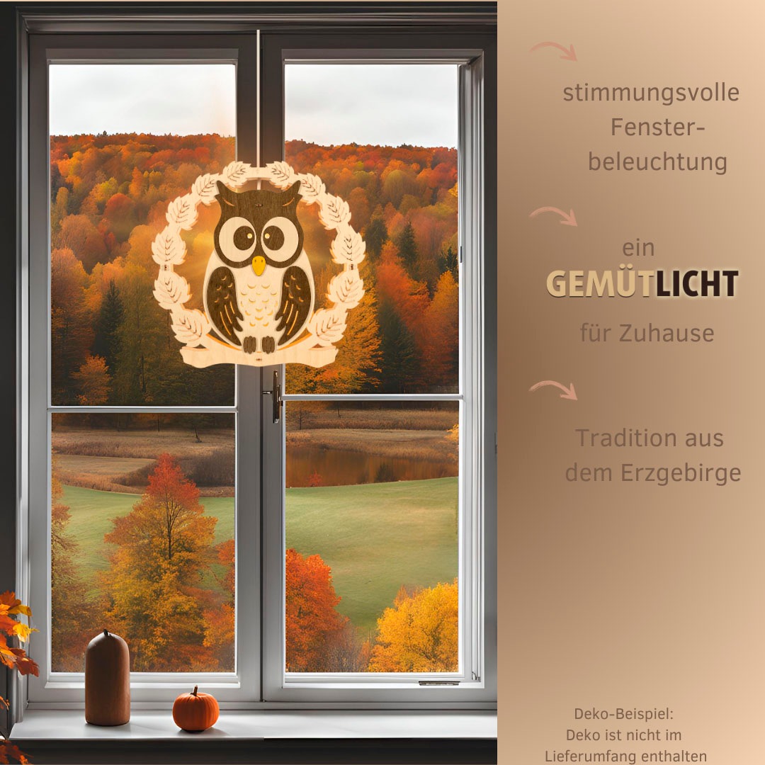 Weigla Beleuchtetes Fensterbild »Eule mit Kranz, Fensterdekoration aus Holz, NATUR-BRAUN«, Erzgebirge garantiert, Herbstdeko Innen, Fensterbeleuchtung