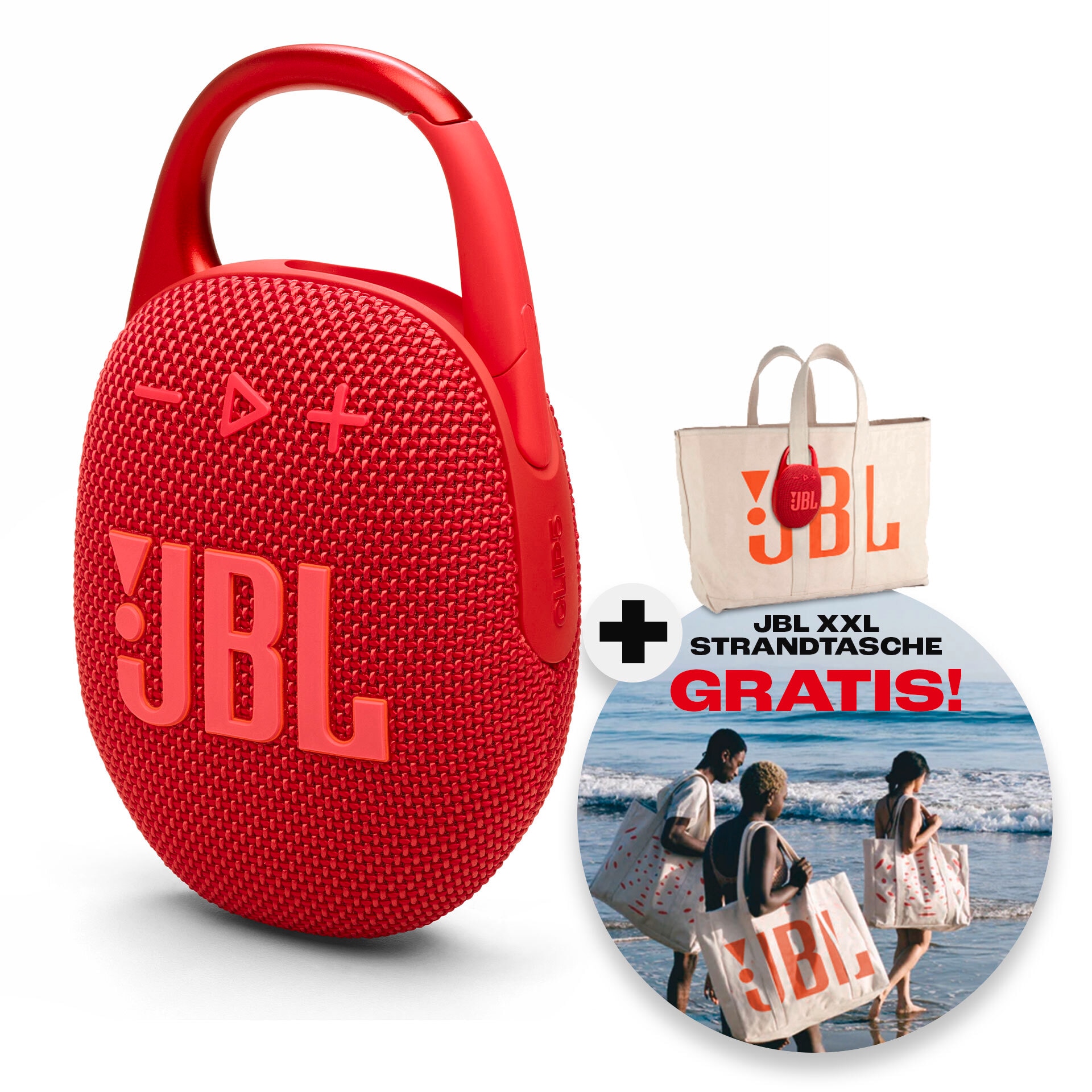 JBL Portable-Lautsprecher »JBL-Set: Clip 5 + gratis dazu: XXL-Strandtasche«, ultra-kompakt, wasser- und staubgeschützt (IP67), 7 Watt RMS
