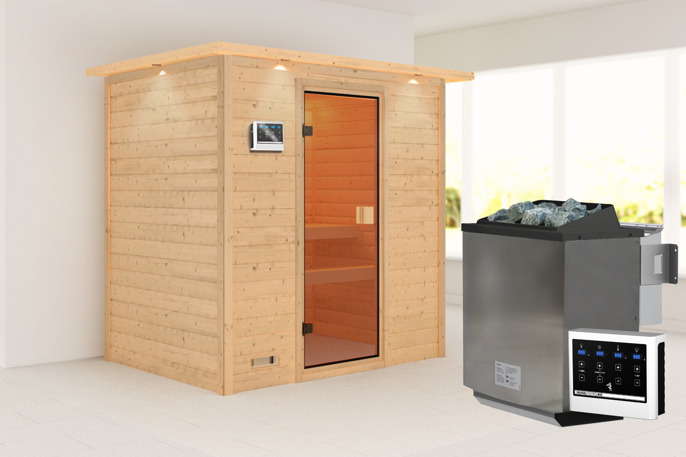 KARIBU Sauna ""Sunie" mit bronzierter Tür und Kranz, naturbelassen, mit Ofen 9 kW", Bio-Kombiofen, externe Steuerung, 400 kWnaturbelassen, Saunen,