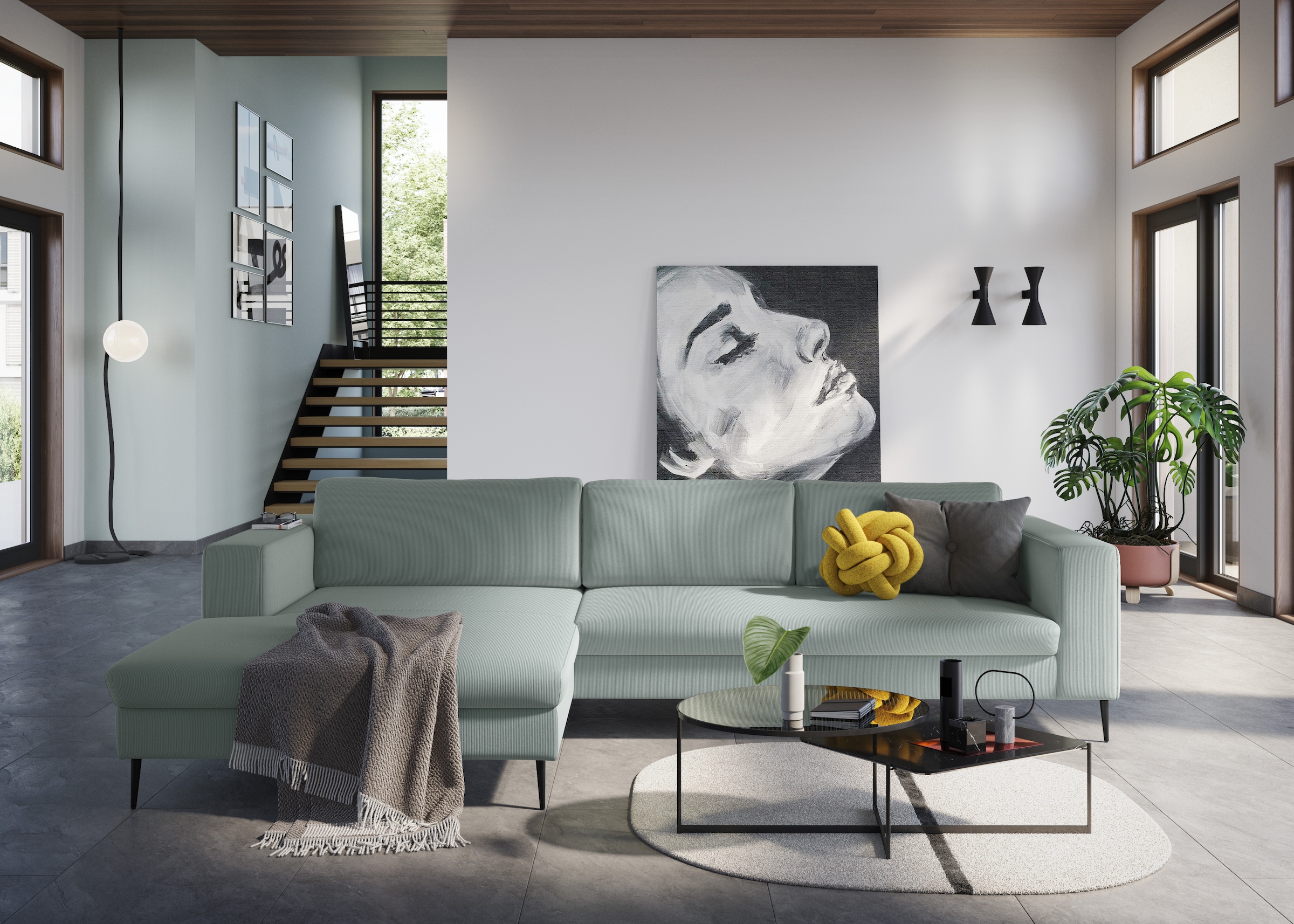 DOMO collection Ecksofa "Modica, zeitlos & elegant, Breite 329cm, hoher Fuß, bequem, L-Form" Auch in Cord, Fußhöhe passend für gängige Saugroboter