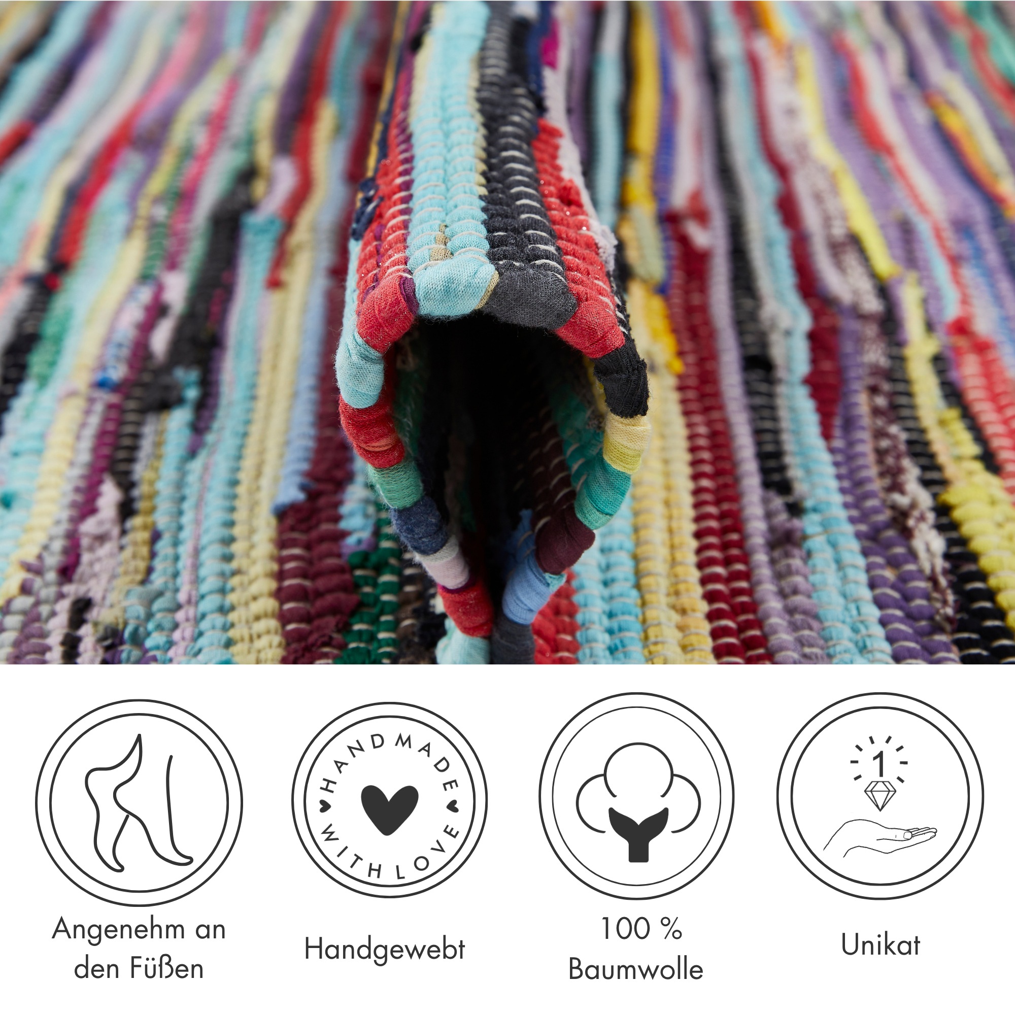 Thumbnail - Andiamo Teppich "Multi" rechteckig 10 mm Höhe Flachgewebe, Fleckerl, reine Baumwolle, handgewebt, mit Fransen