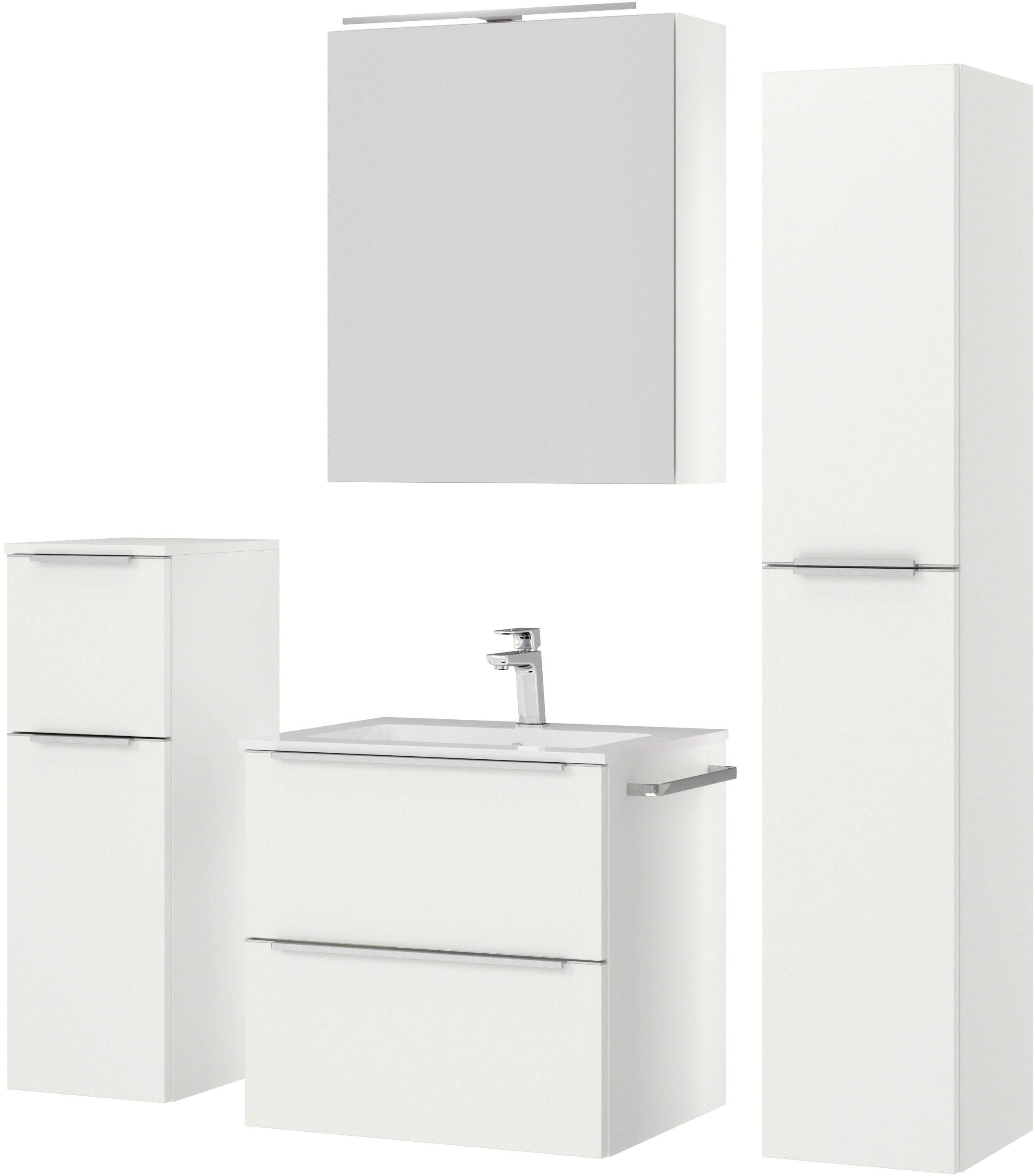 nobilia® Badmöbel-Set »Levere«, (4 St., vormontiert, mit Soft-Close), inkl. Spiegelschrank mit Beleuchtung und Dimmerfunktion, in 4 Breiten