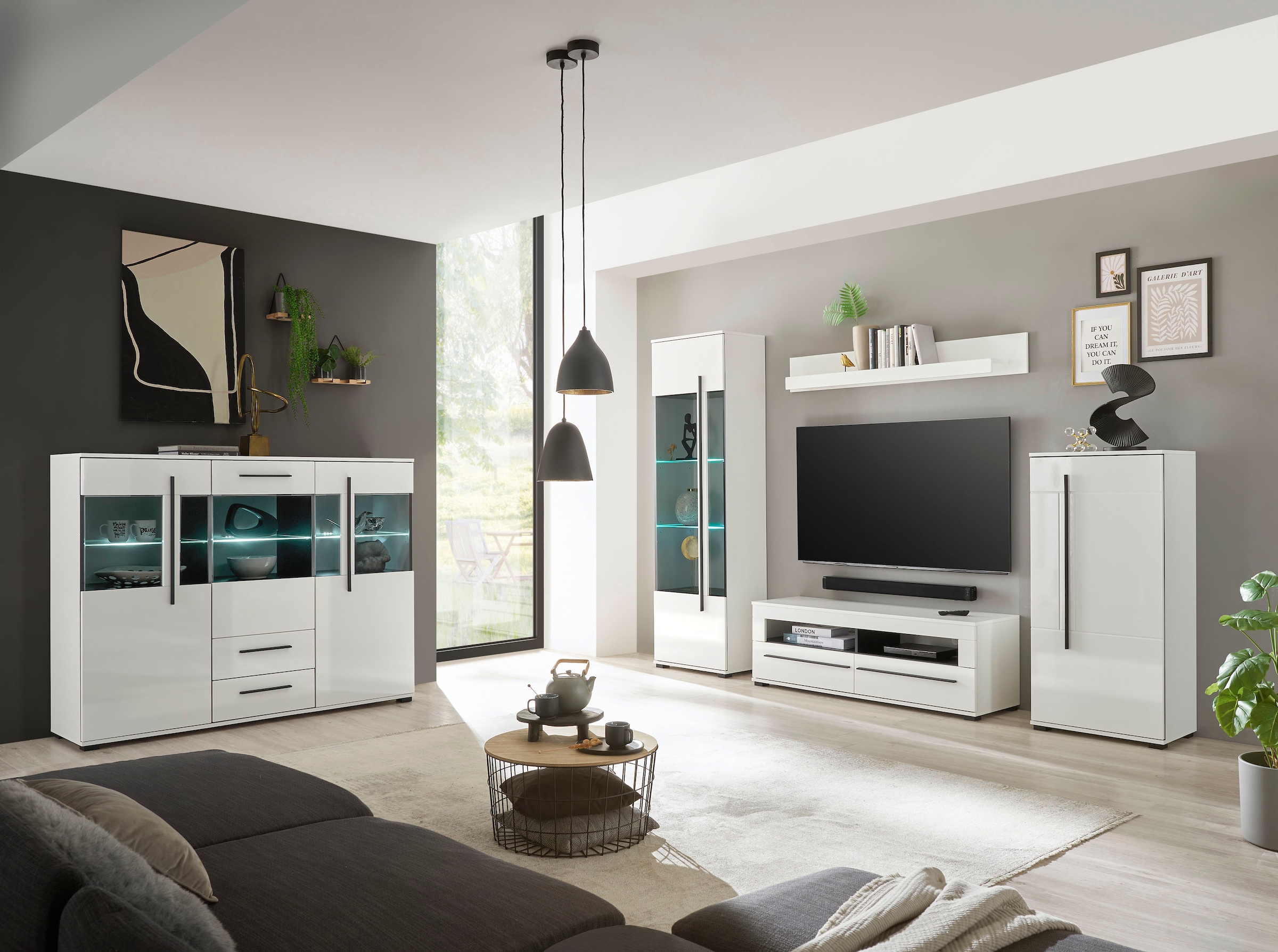 INOSIGN Highboard »Cantara, moderner Schrank, Vitrine in Eiche Dekor oder weiß«, schwarze Stangengriffe, ausreichend Stauraum, vielseitig einsetzbar