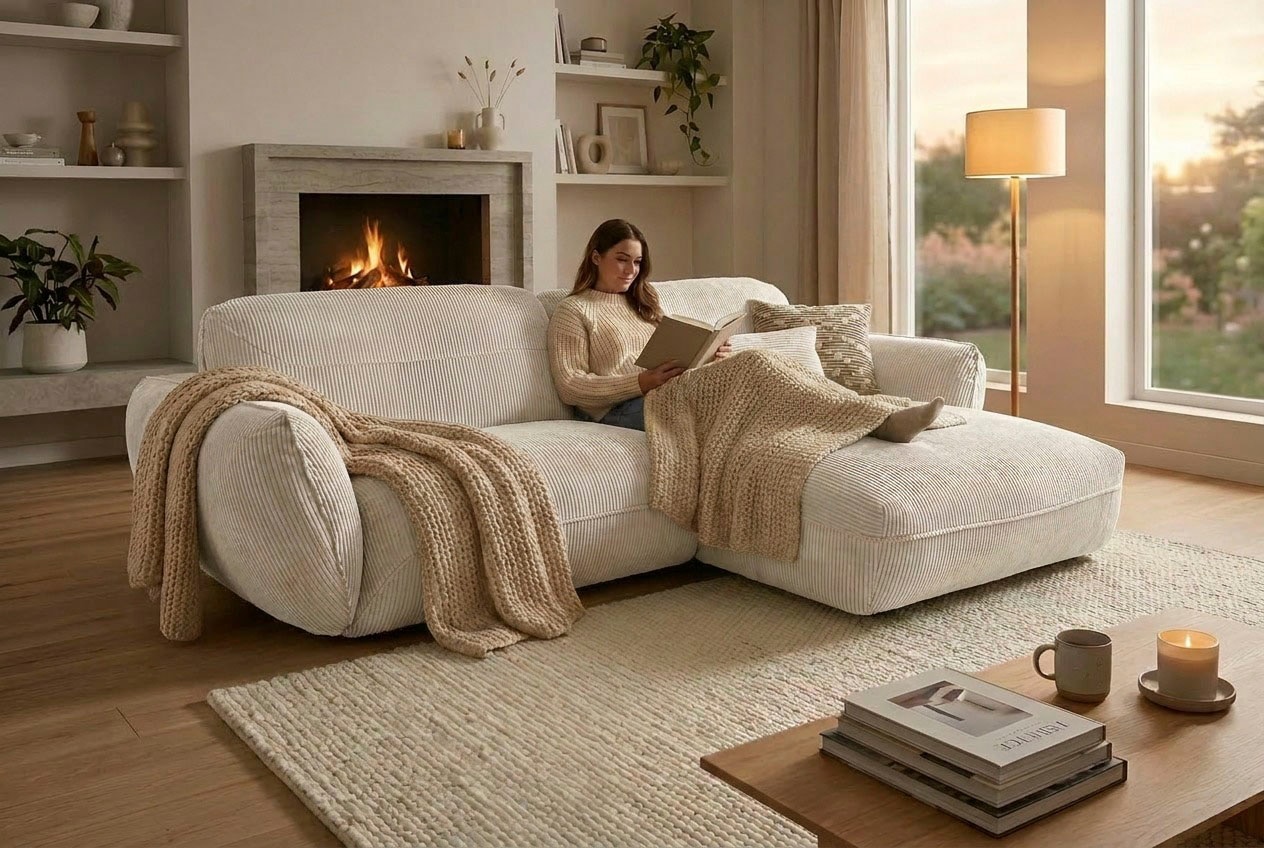TRENDMANUFAKTUR Ecksofa "Be Chilled, modernes Lounge-Design mit stilvoller Kedernaht" mit softem Sitzkomfort, in hochwertigem Cord mit weicher Haptik