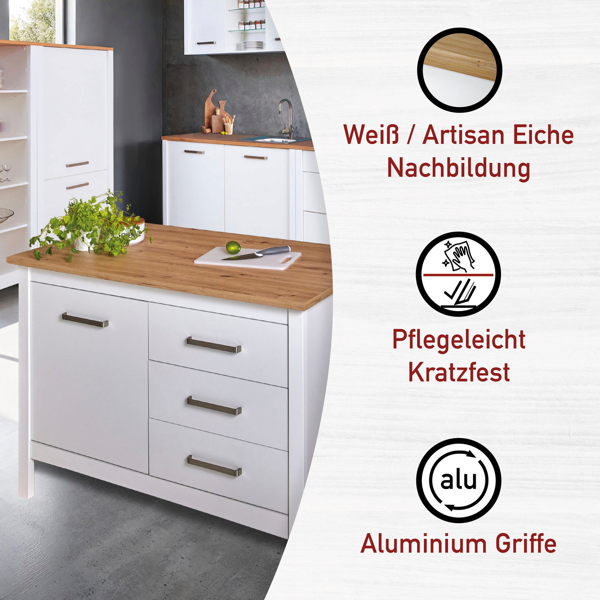 Inter Link Bartisch »Pienza im Skandi Look, multifunktional für Küche & Essbereich, Weiss« 1 Stk. tlg. Kücheninsel mit Soft-Close, Platz für 2 Hocker, 124x75x91 cm