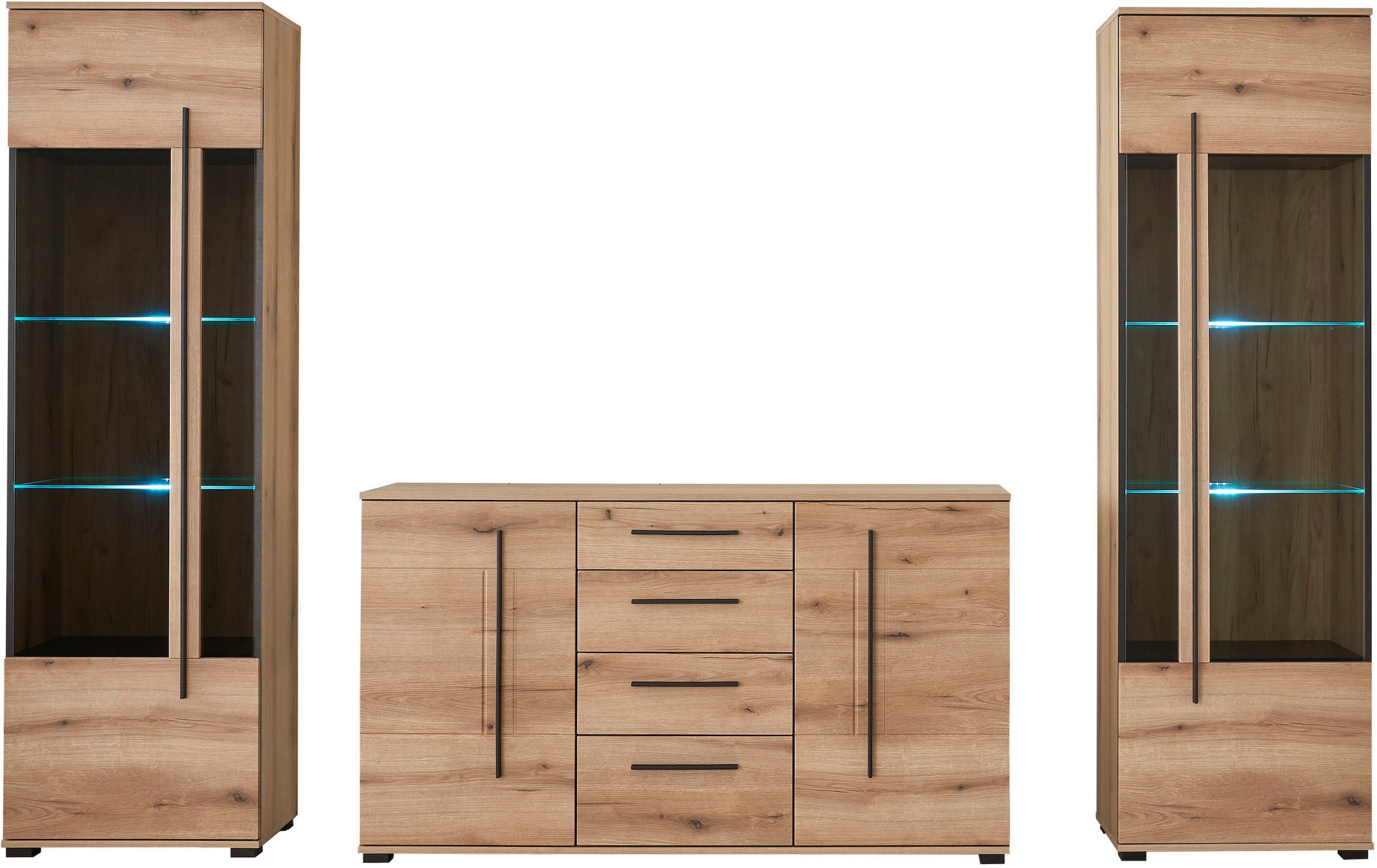 INOSIGN Wohnwand »Cantara, moderne Anbauwand, Wohnzimmer-Set, in Eiche Evoke oder Weiß«, (Set), enthält zwei Vitrinen und ein Sideboard