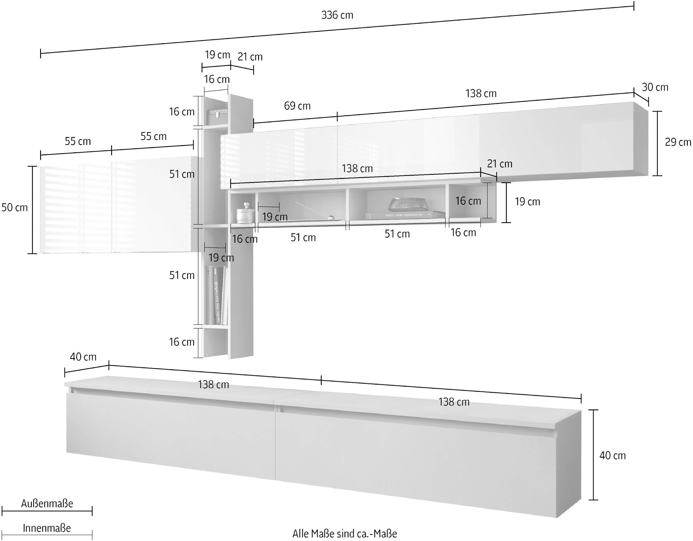 INOSIGN Wohnwand »INFINITY, 8tlg. Breite 336 cm, Höhe variabel, Schrankwand, Anbauwand«, (2x Lowboard, 2x Hängeschrank, 2x Hängewürfel, 2x Wandregal)