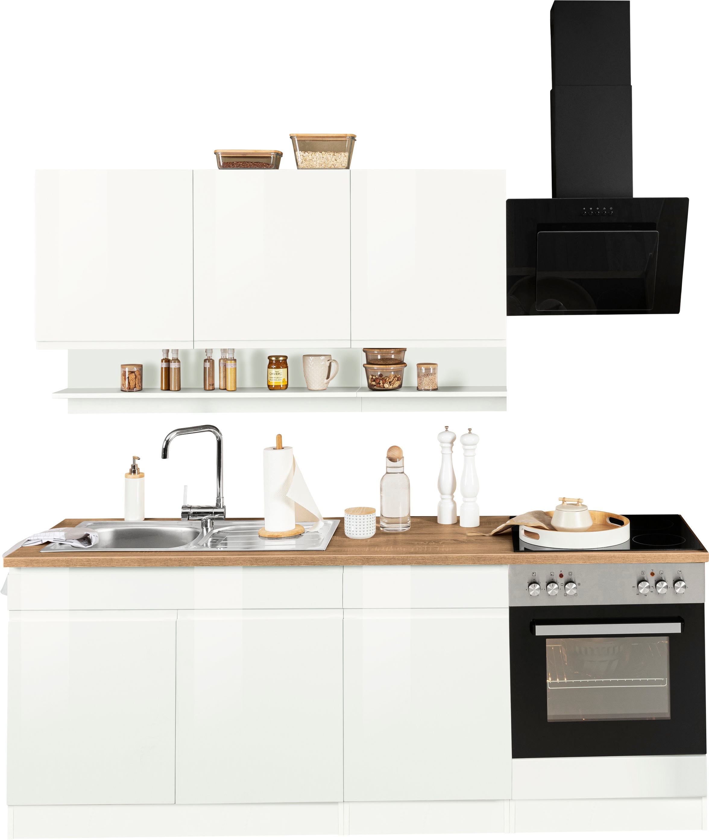 KOCHSTATION Küchenzeile "KS-Virginia,neu in verbesserter Ausführung" Arbeitsplatte 38 mm stark, Stauraum, Softclose, Breite 210 cm,Soft-Close,wahlweise mit E-Geräten