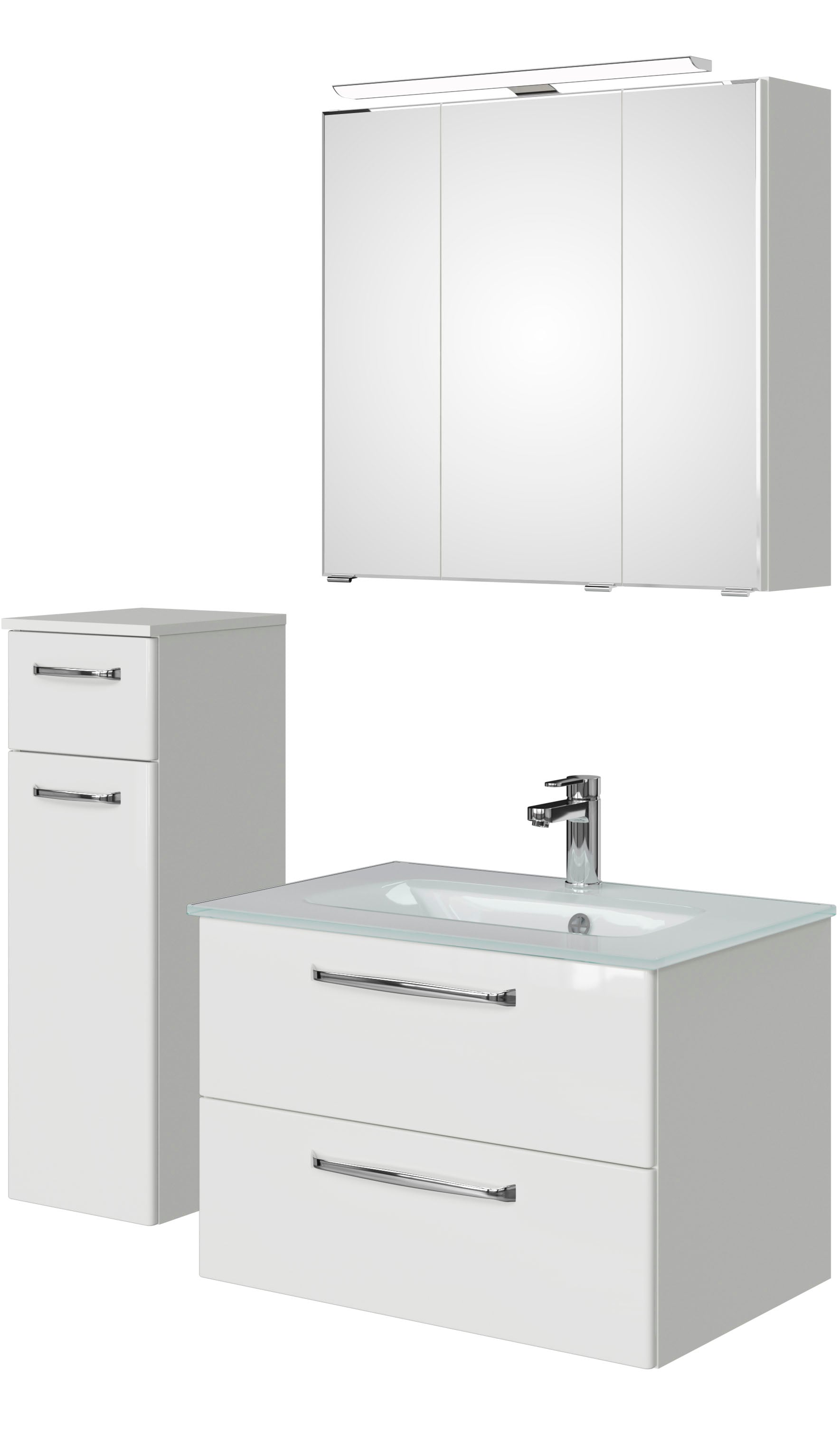 Saphir Badmöbel-Set »Badmöbel-Set Trentino 3-teilig Glas-Waschtisch mit LED-Spiegelschrank«, (4 St.), Badezimmer-Set mit Unterschrank inkl. Türdämpfer