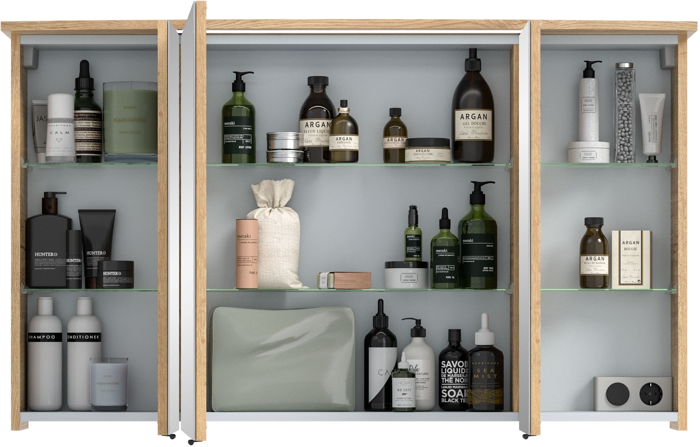 Saphir Badezimmerspiegelschrank »Serie 4010 Badezimmer-Spiegelschrank inkl. LED-Beleuchtung im Kranz«, Badschrank 122 cm breit, 3 Türen, 6 Glas-Einlegeböden, inkl Türdämpfer