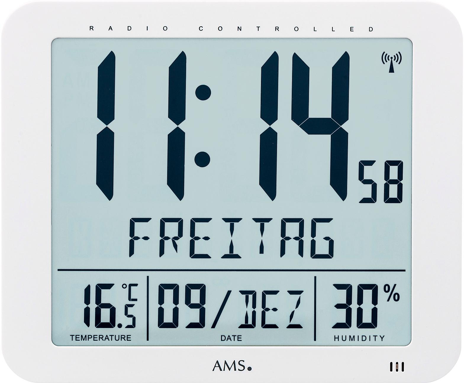 Funkwanduhr AMS "F5886", weiß, Wanduhren, B/H/L: 25cm x 3cm x 21cm, Quarzuhr,mit Alarm,Datum,Wohnzimmer,Esszimmer,Küche,Büro, Flur