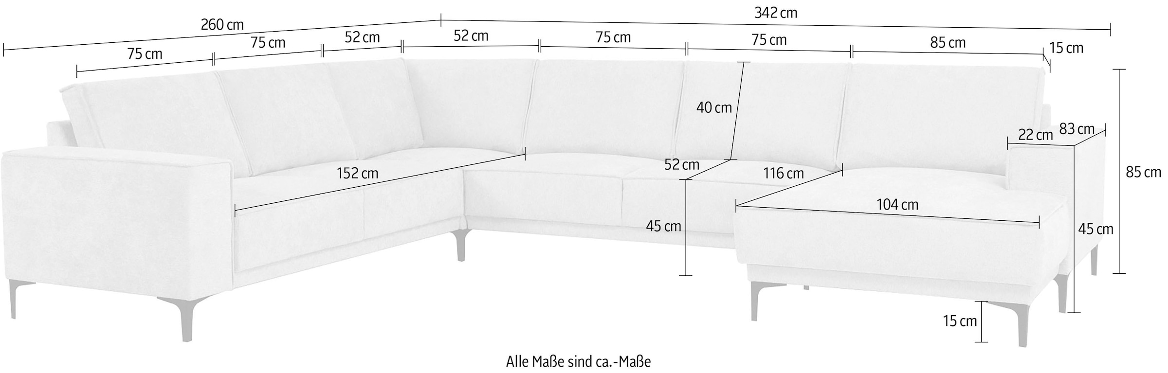 Places of Style Wohnlandschaft »XXL Sofa Oland, Struktur, Flachgewebe, Luxus-Microfaser, Boucle«, U-Form, 342 cm, Wellenunterfederung, Skandi-Design, Metallfüße