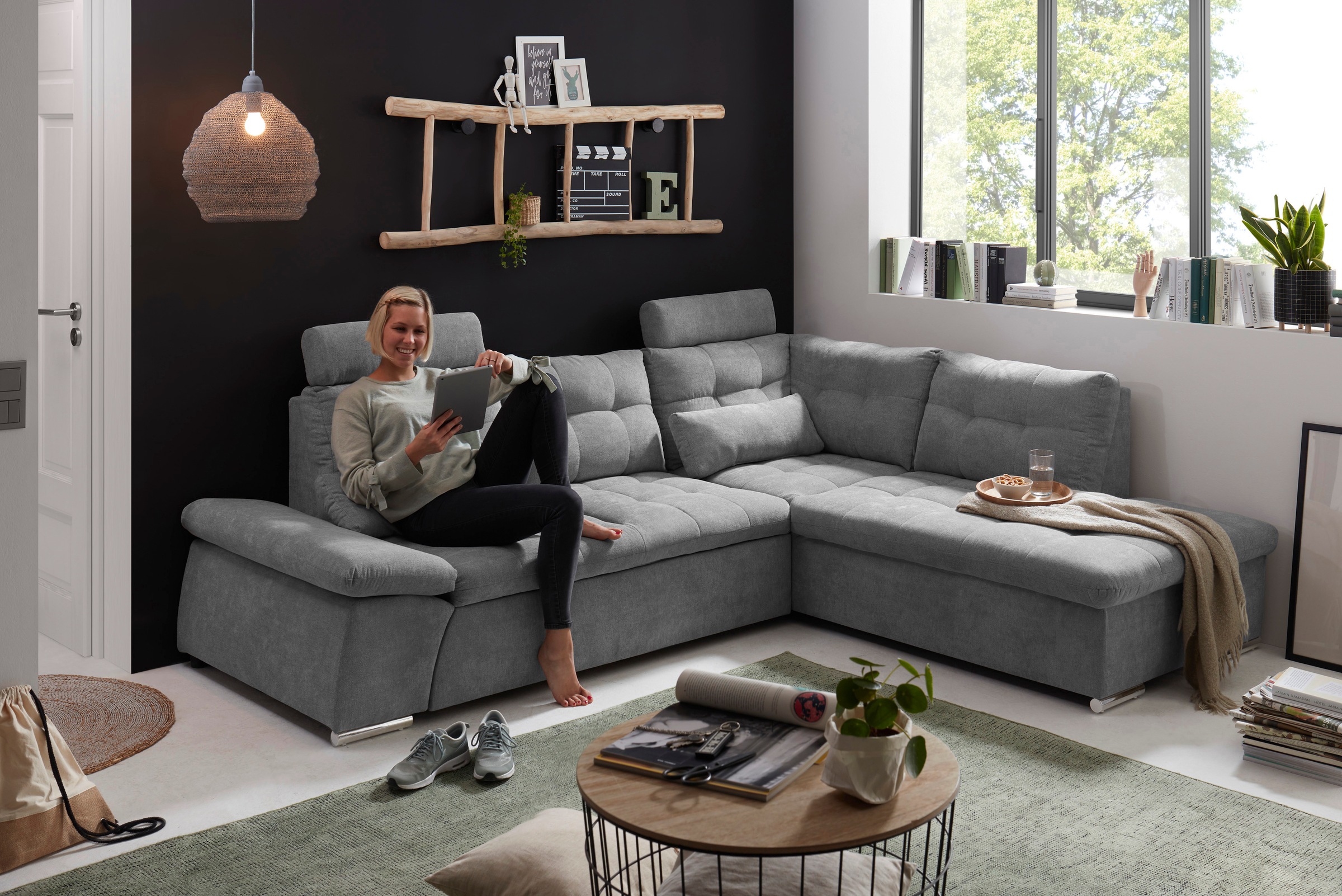 ED EXCITING DESIGN Ecksofa »Nalo L-Form«, mit Bettfunktion, Armteilverstellung, Kopfstützen & 2 Nierenkissen