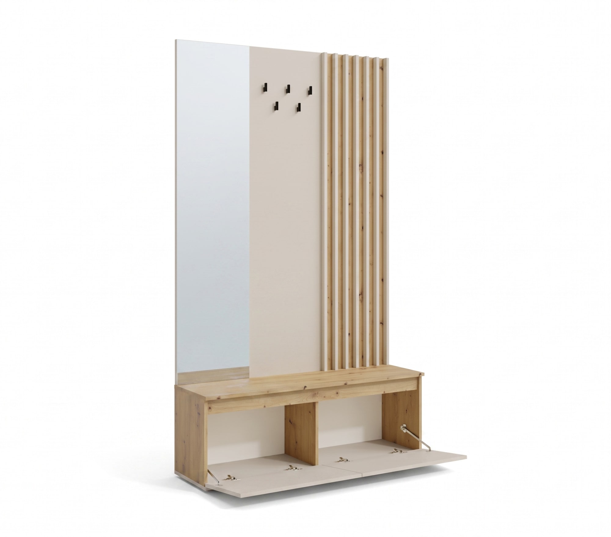 Home affaire Garderobenpaneel »LANDUVA Garderobe mit Schuhschrank, Spiegel und Haken, Breite 120 cm« Garderoben-Set, Kompaktgarderobe, mit Sitzbank, Lamellen Design