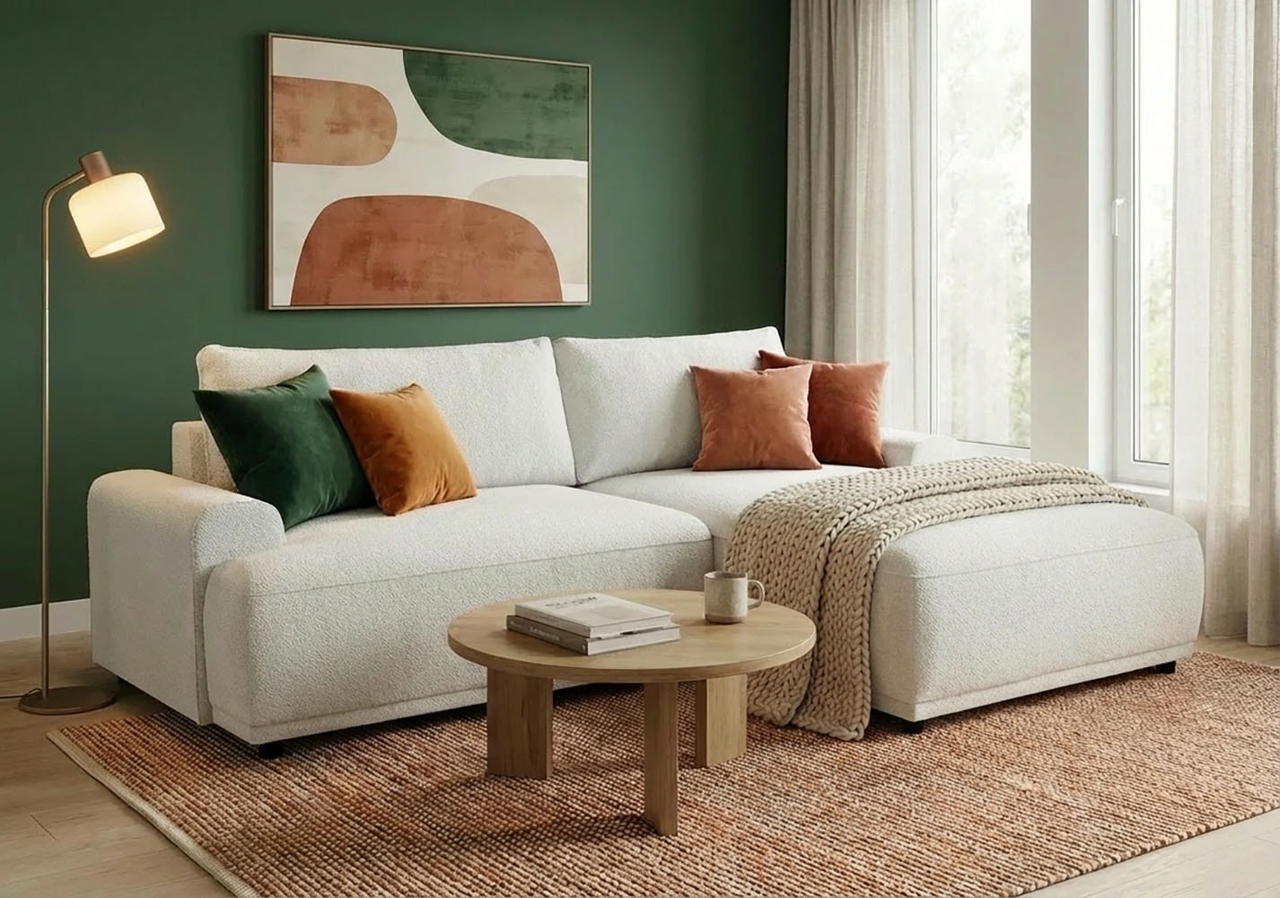 TRENDMANUFAKTUR Ecksofa "Fordon, Schlafsofa mit Bettkasten, Couch in L-Form, Breite 250 cm" in Struktur fein LEO, haustierfreundlich, wollweiß, Recamiere rechts