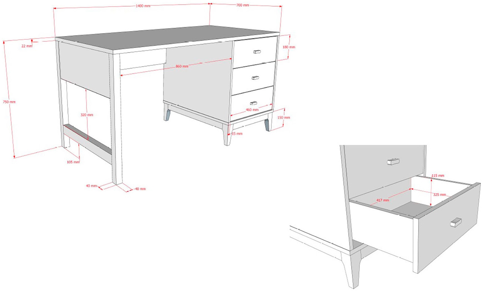 Vipack Schreibtisch »Ilyas, mit großer Schreibplatte 140 x 70 cm, gradliniges Design« pflegeleichte Melamin Oberfläche in Nussbaum Dekor