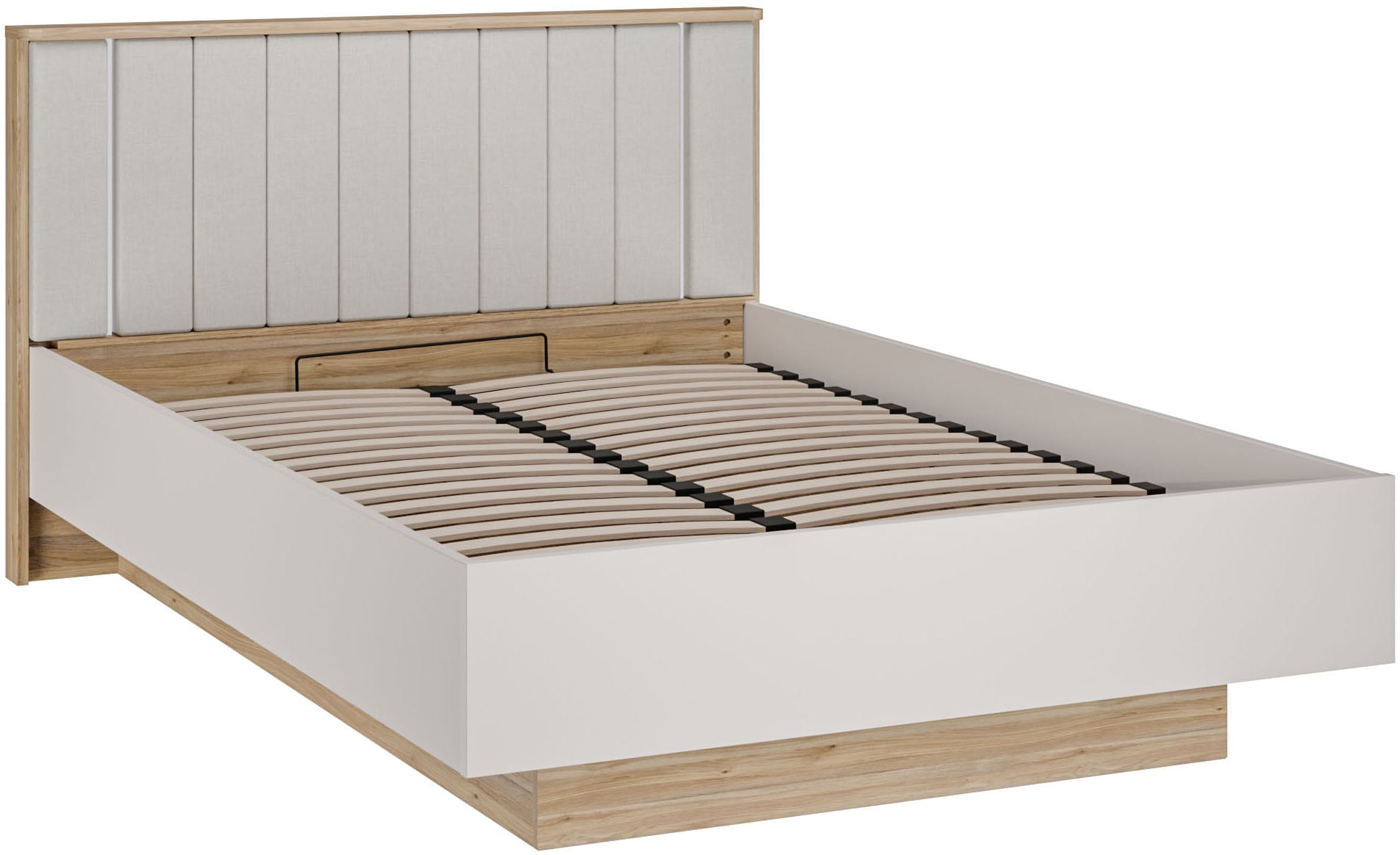 FORTE Bettgestell »Forte Seravel Bettanlage 140 o.160,  Lamellenoptik, warme Holznuancen« inklusive Beleuchtung, aufklappbarer Lattenrost, Stauraum